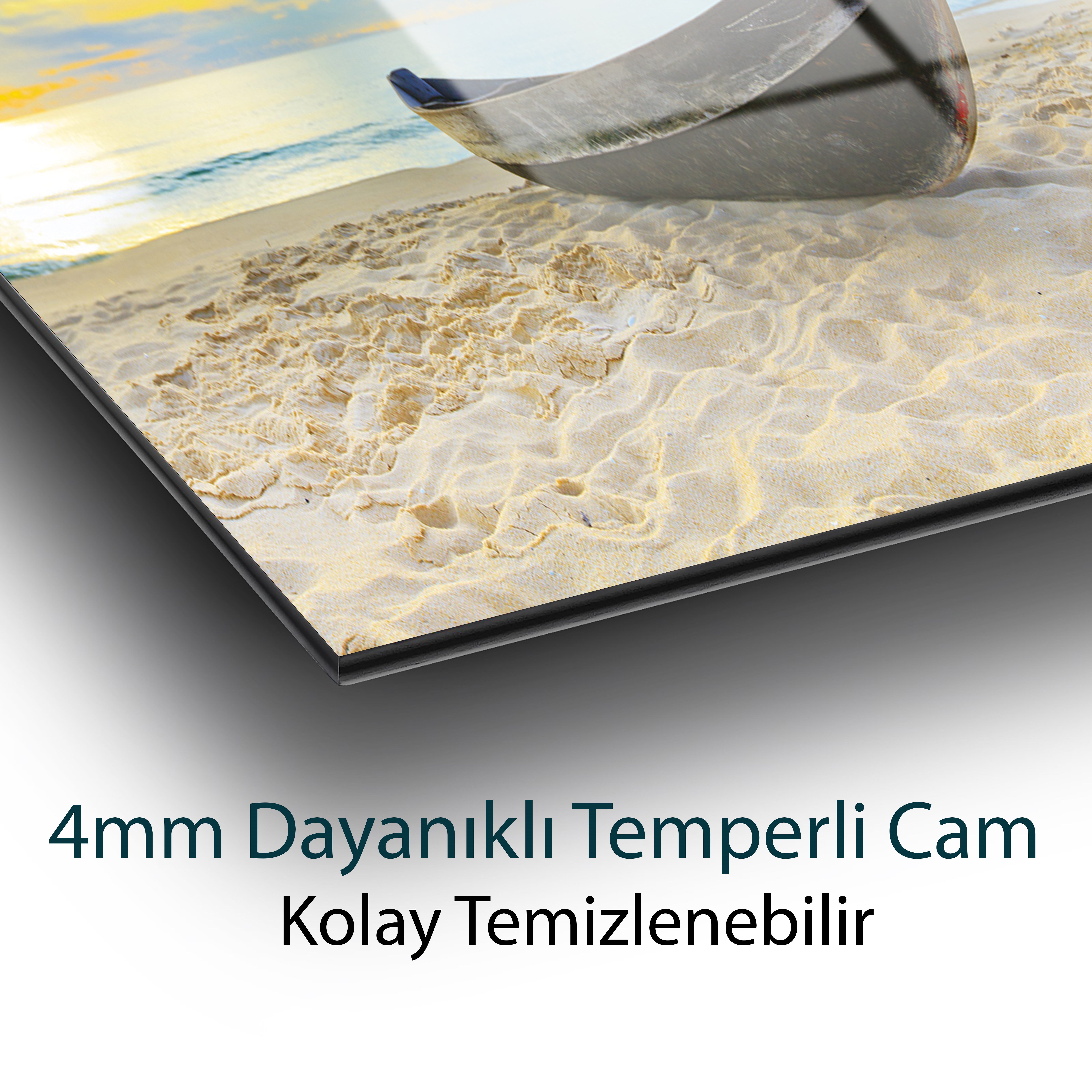 Sahil Kayığı Cam Tablo | Deniz ve Plaj Manzaralı Temperli Cam Duvar Tablosu | 4 mm Dekoratif Cam Tablo
