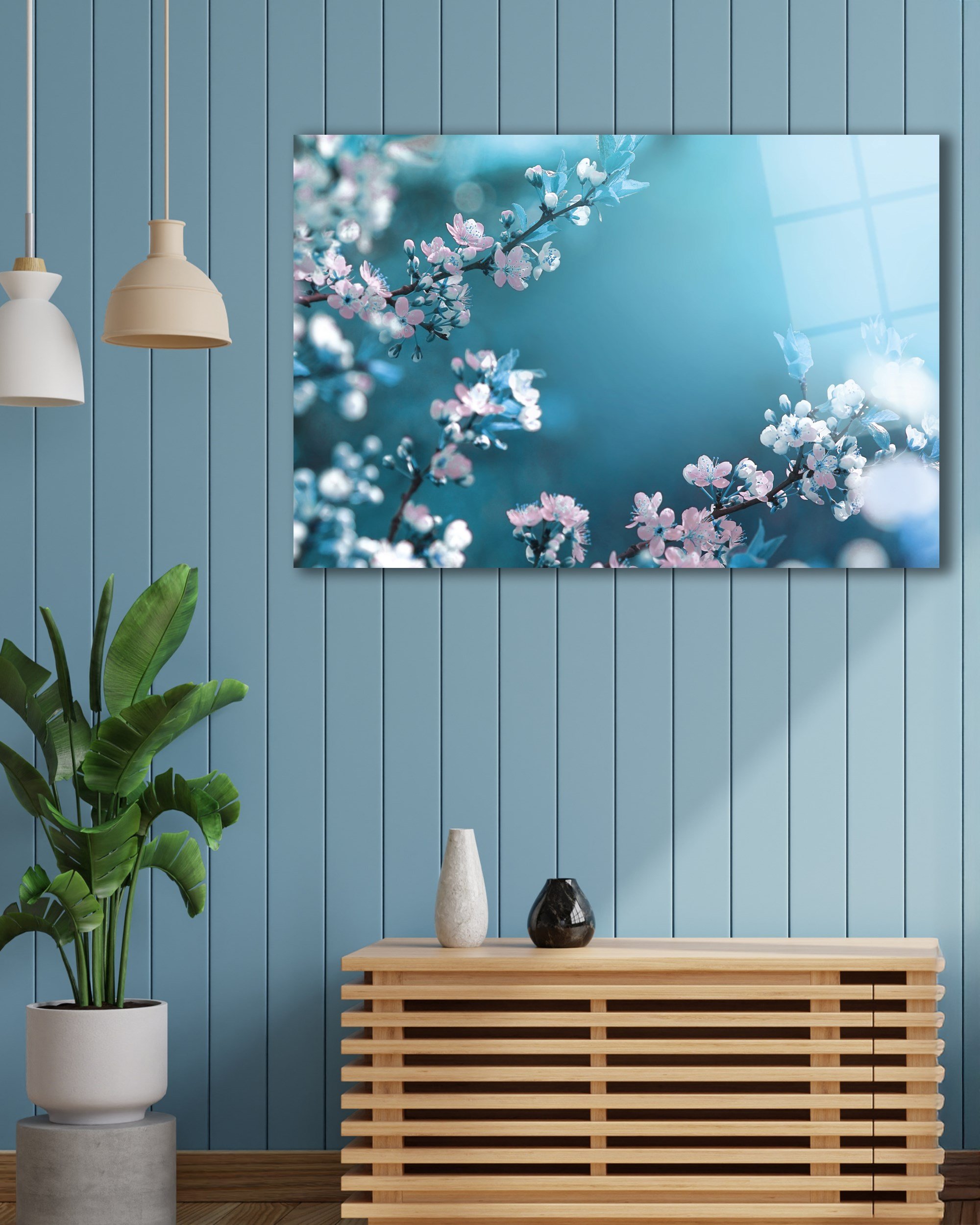 Sakura Çiçeği Temperli Cam Tablo | Bahar Temalı Botanik Duvar Dekoru | Modern Doğa Sanatı