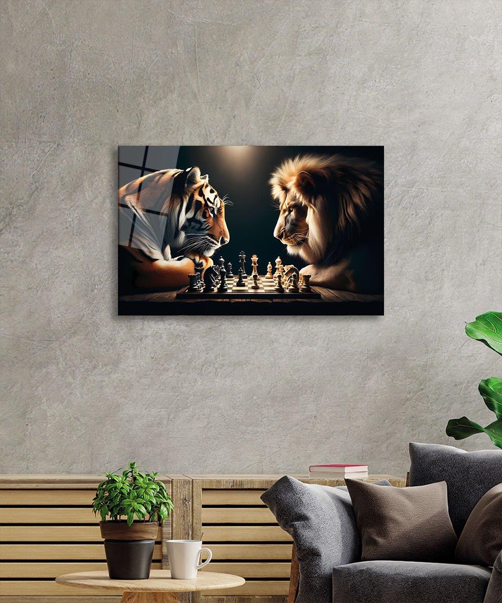 Satranç Ustaları Kaplan vs Aslan Cam Tablo Yapay Zeka Hediyelik Büyük Tablo Ev Ofis Dekoru