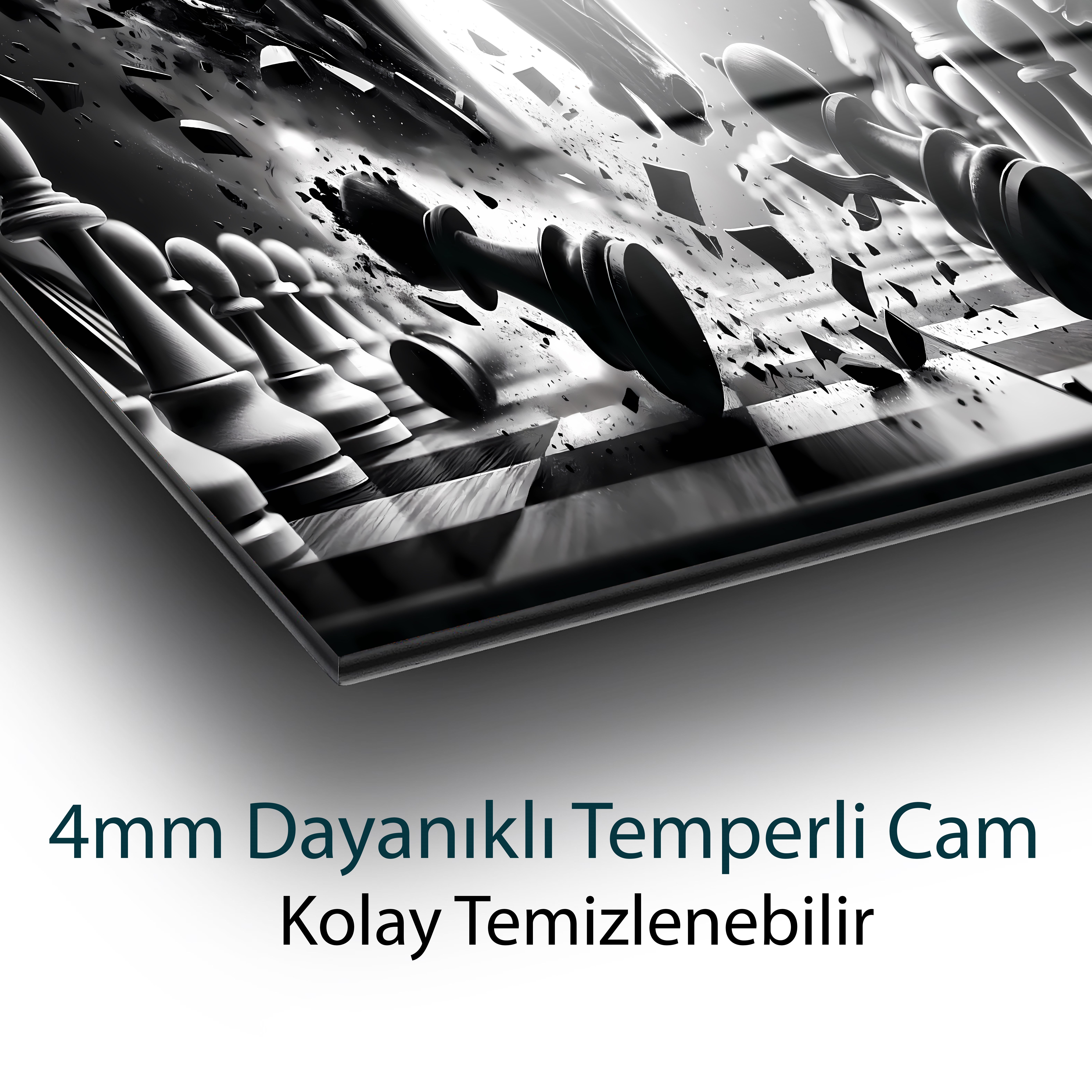 Satranç ve Siyah At Cam Tablo | Modern Strateji Temalı Temperli Cam Duvar Tablosu | 4 mm Dekoratif Cam Tablo