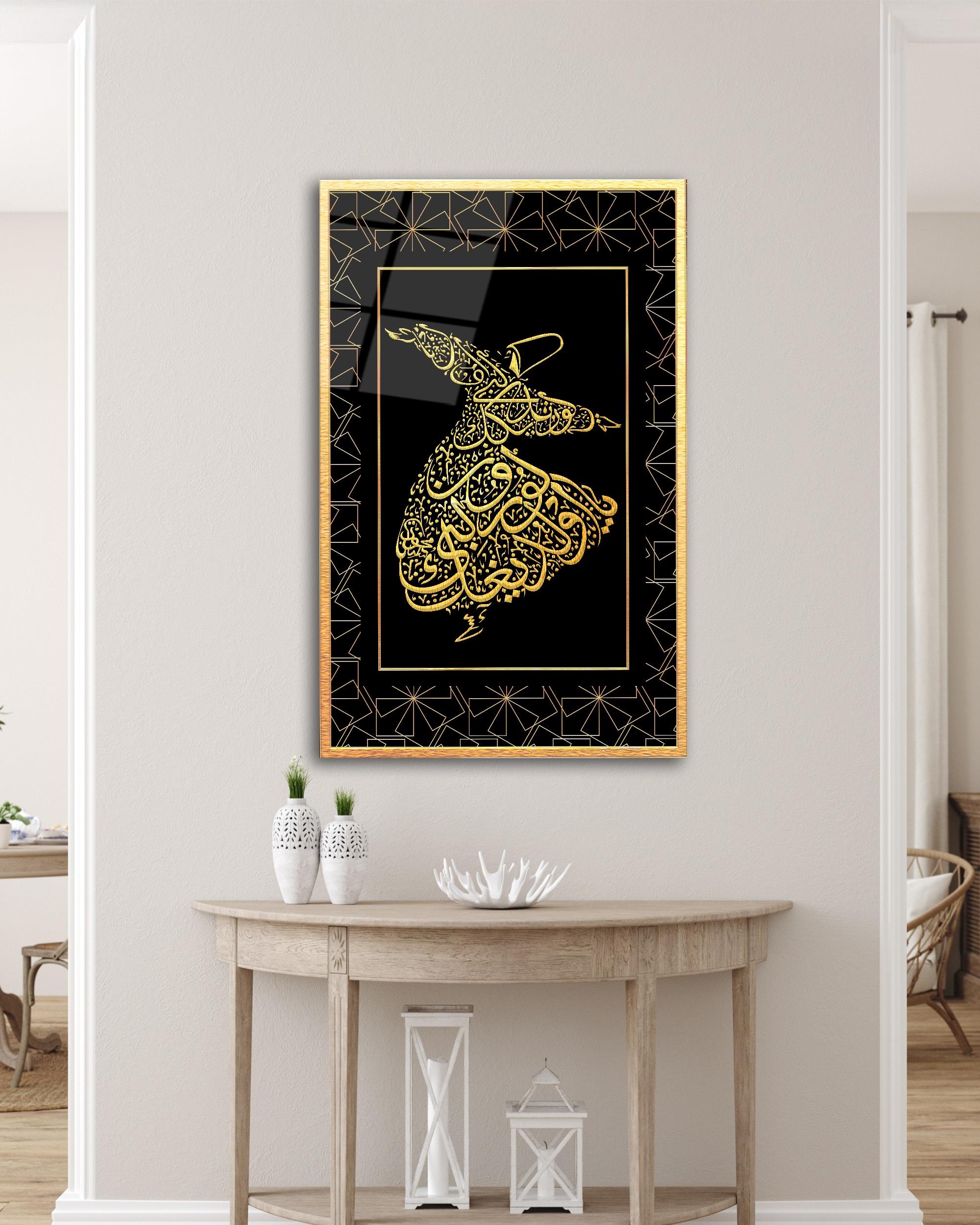 Semazen Hat Sanatı Cam Tablo İslami Dini Modern Ev Ofis Salon Hediyelik Büyük Tablo Duvar Dekoru