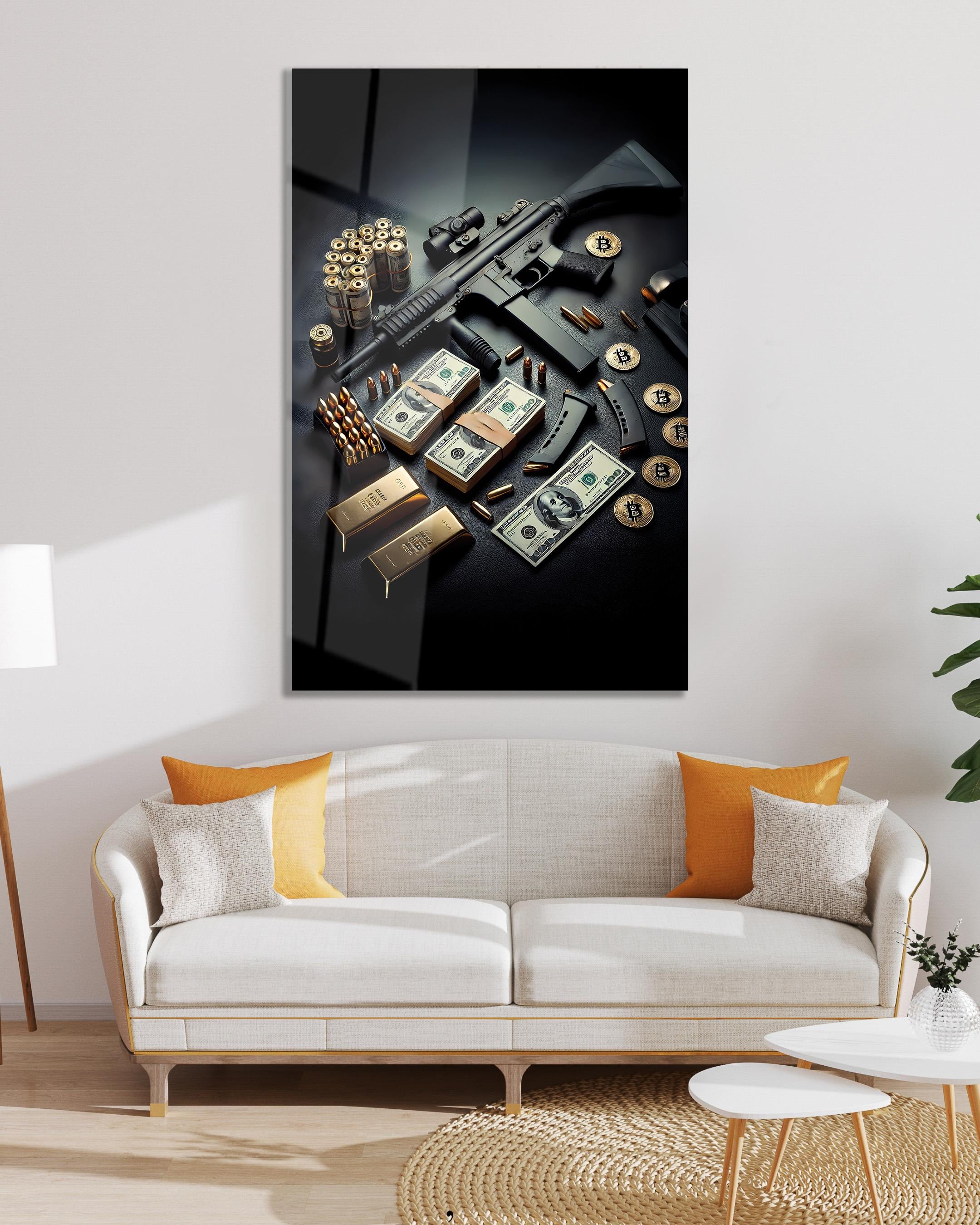 Silah Dolar Cam Tablo Modern Ofis Makam Odası Hediyelik Büyük Tablo Duvar Dekoru 
