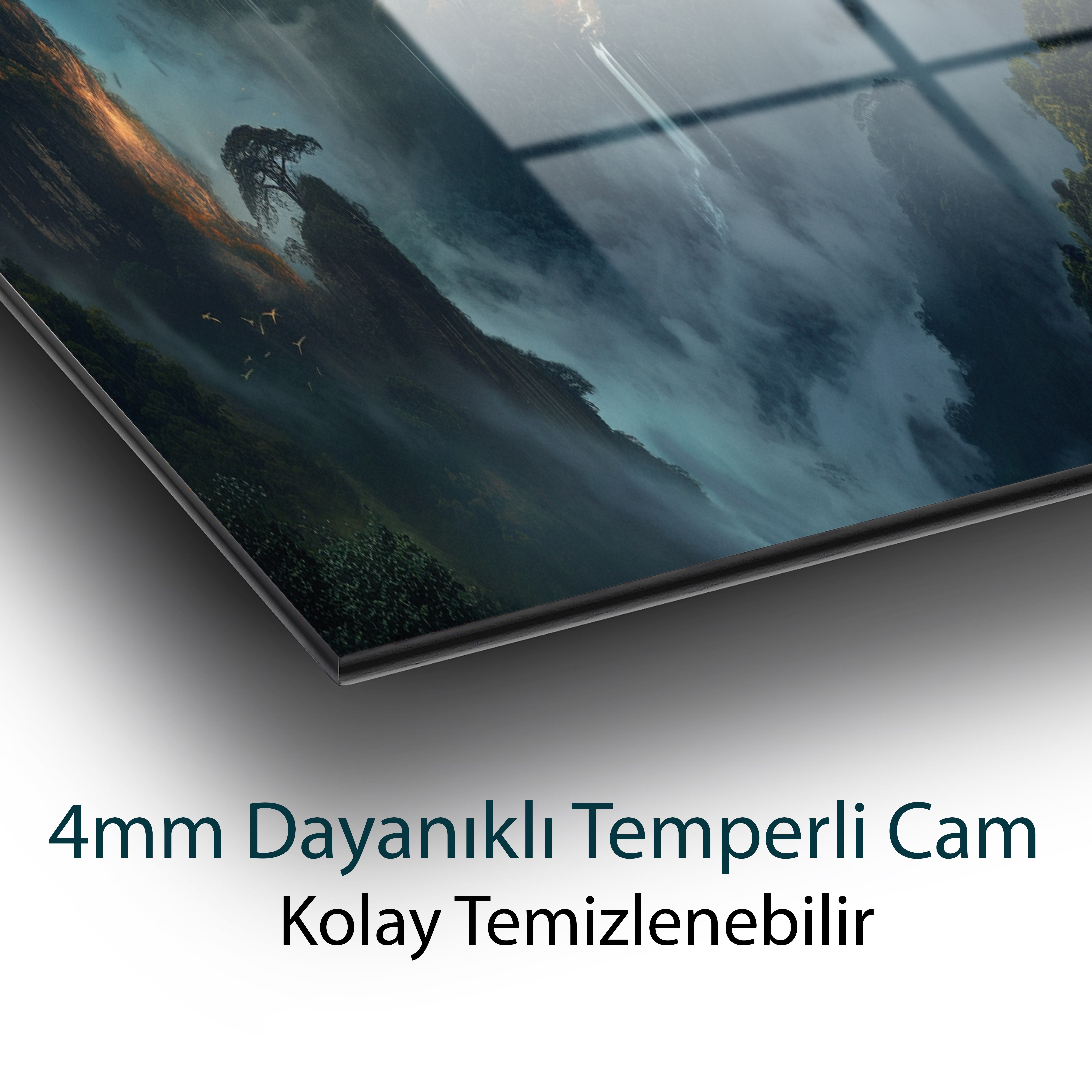 Sisli Dağ Vadisi Temperli Cam Tablo | Şelale Manzaralı Modern Doğa Duvar Dekoru