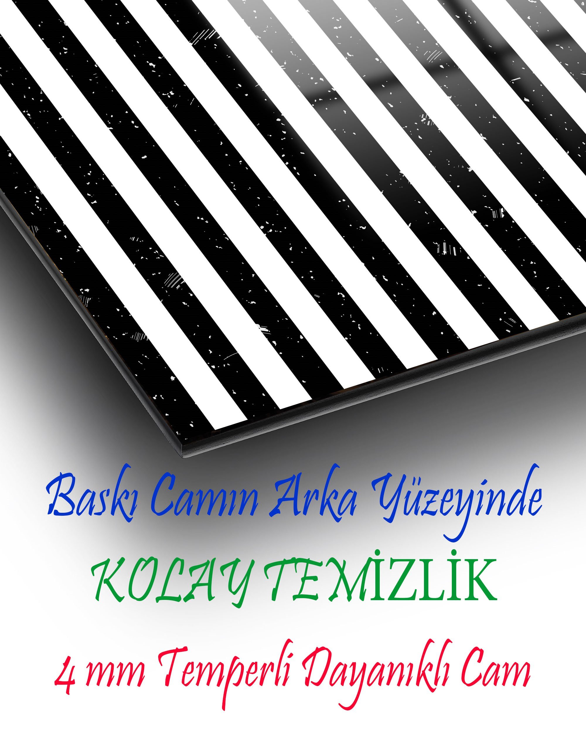 Siyah Beyaz Çizgili Modern Cam Tablo | Dekoratif Temperli Cam Duvar Tablosu