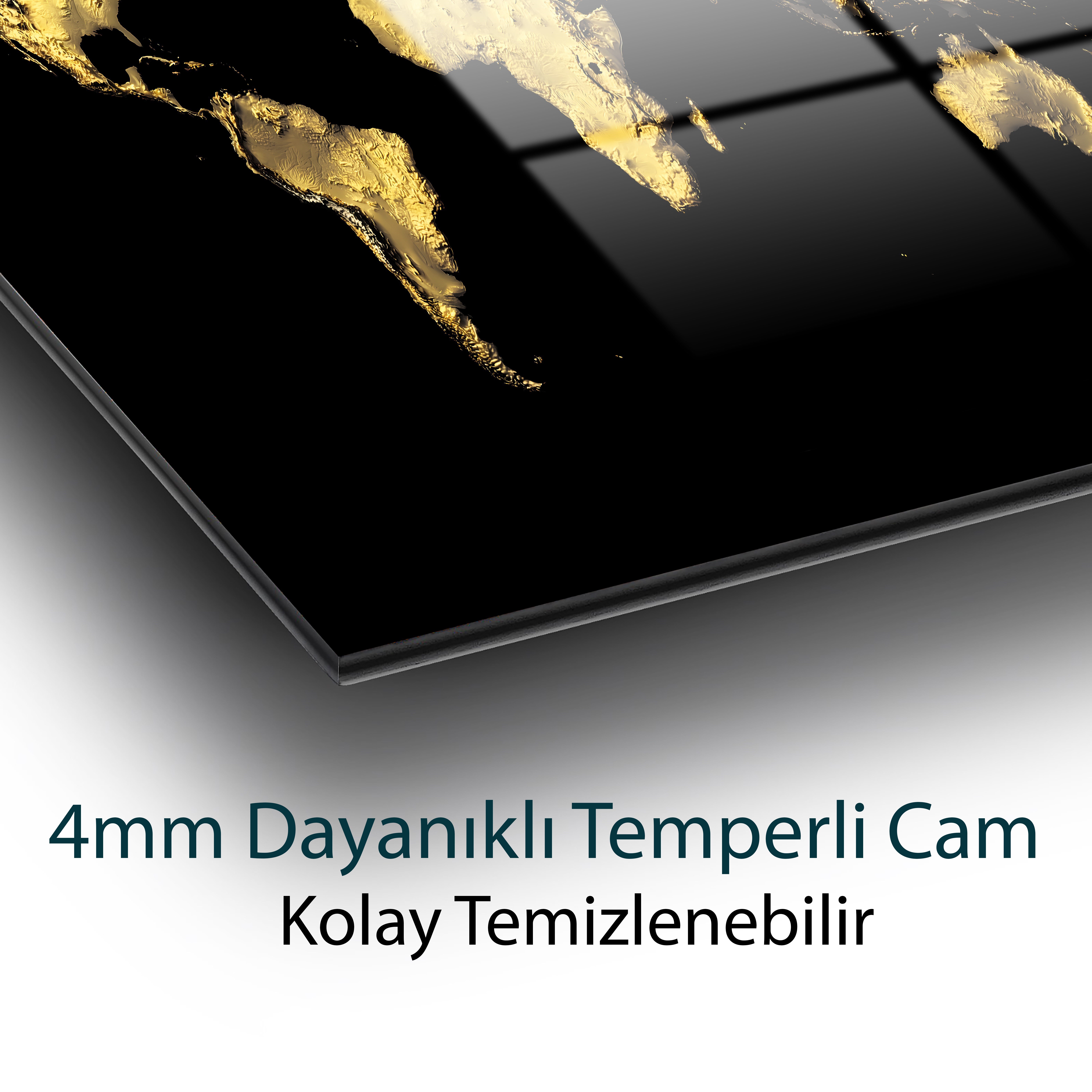Siyah Zemin Gold Dünya Haritası 3D Görünümlü Temperli Cam Tablo