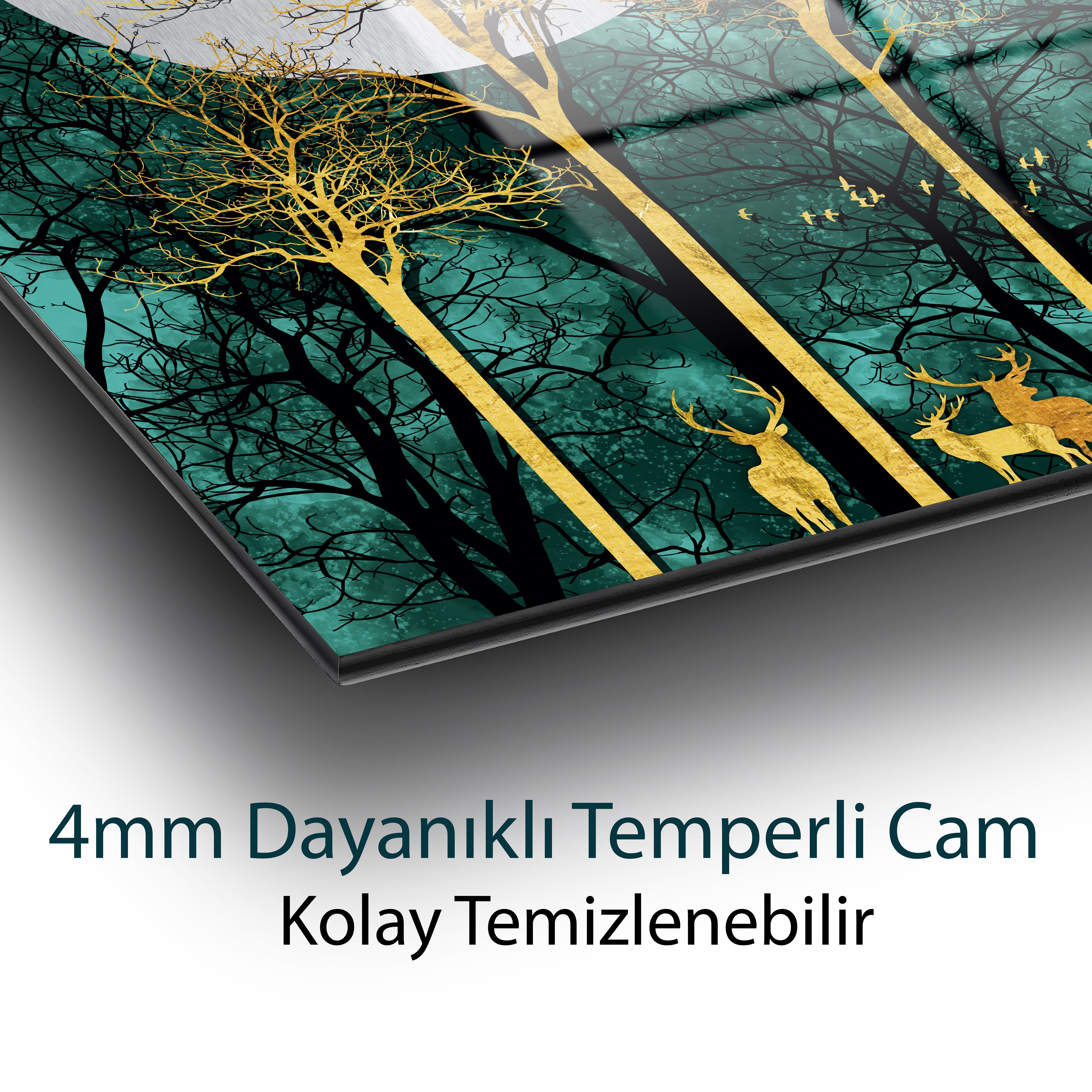 Soyut  Altın Geyik  Ağacı Hafız Cam Tablo 4mm Dayanıklı Temperli Cam