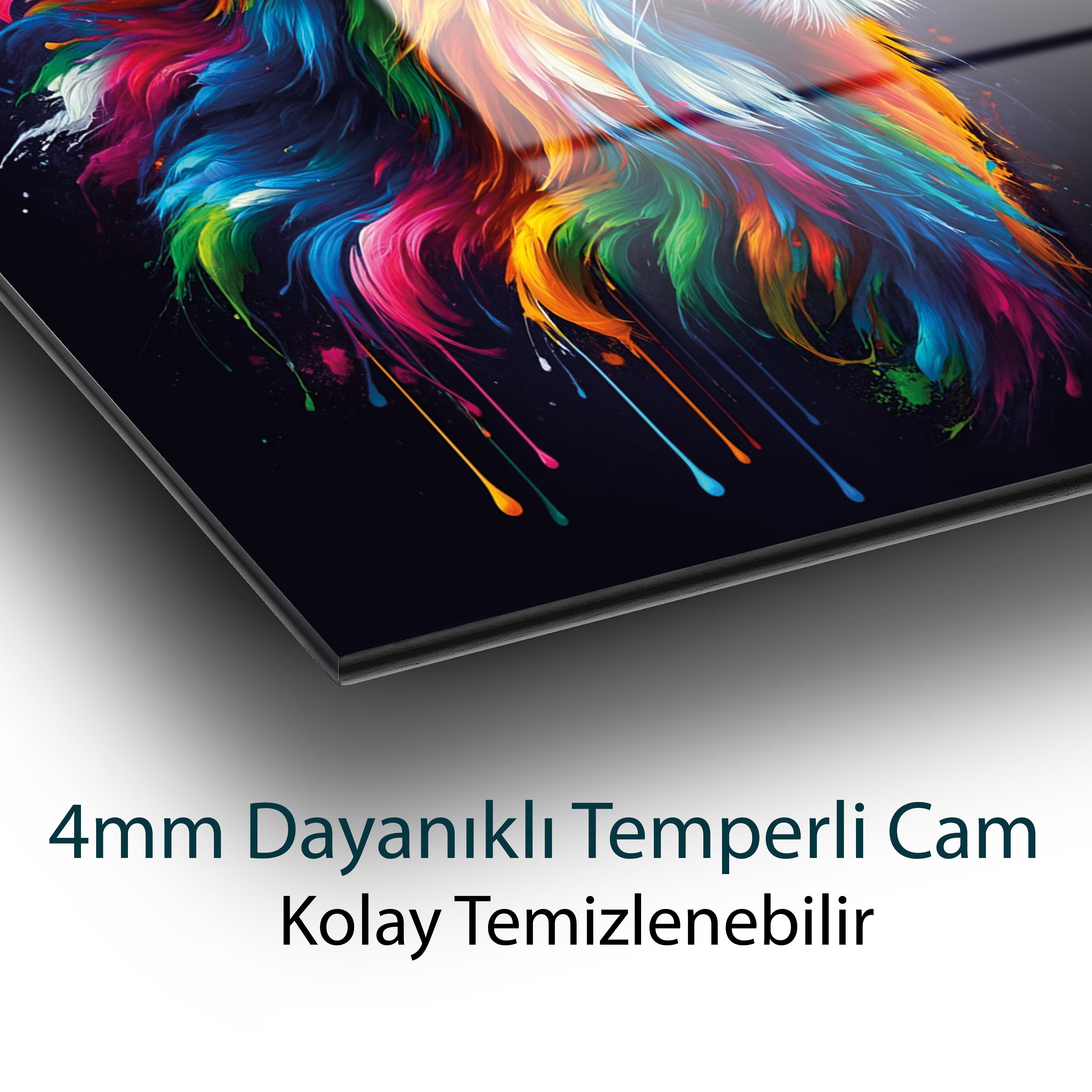 Soyut Aslan Figürlü Renkli  Cam Tablo  Modern Ofis Makam Odası Hediyelik Büyük Tablo Duvar Dekoru 