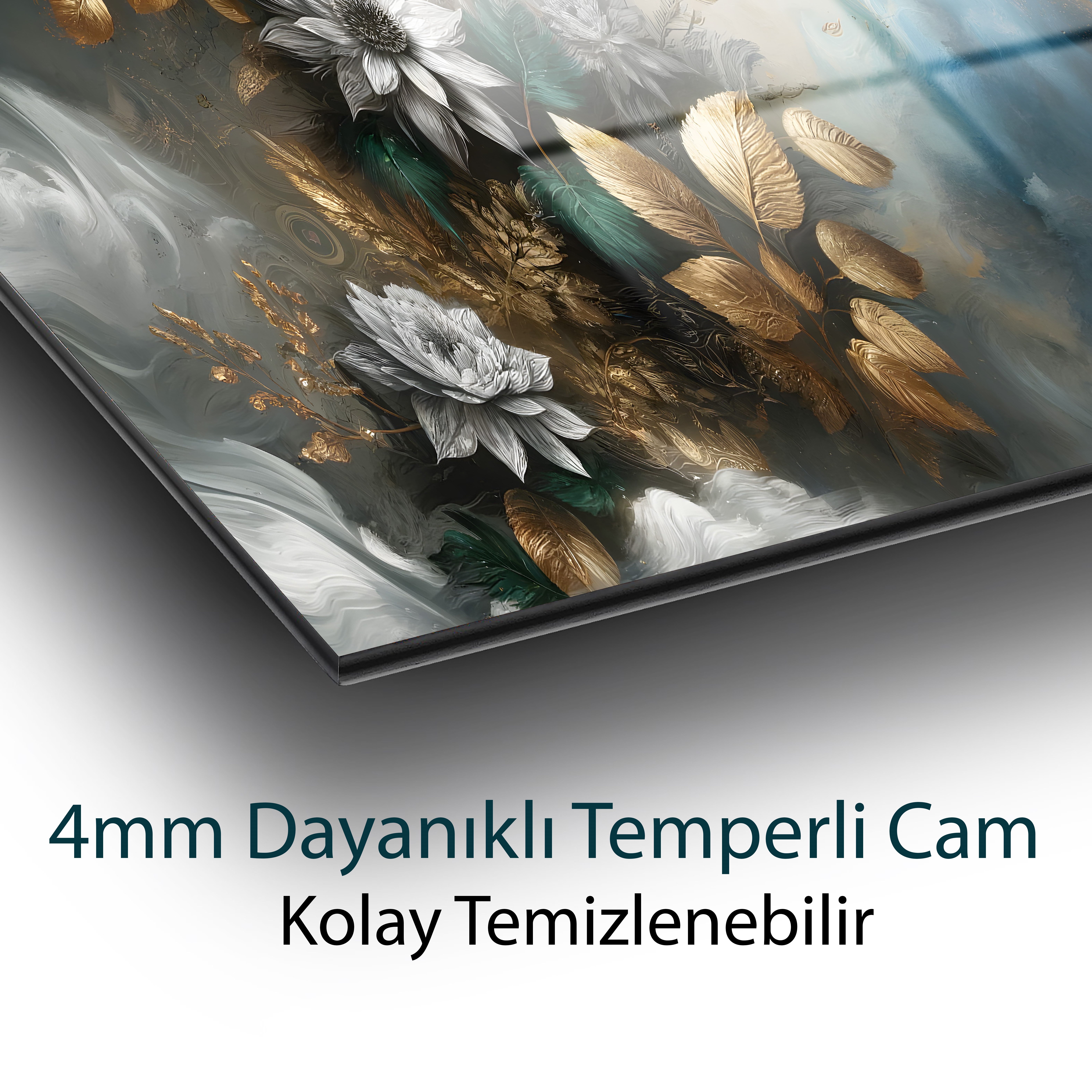 Soyut Çiçek Cam Tablo | Altın Yapraklı Modern Floral Temperli Cam Duvar Tablosu | 4 mm Dekoratif Cam Tablo