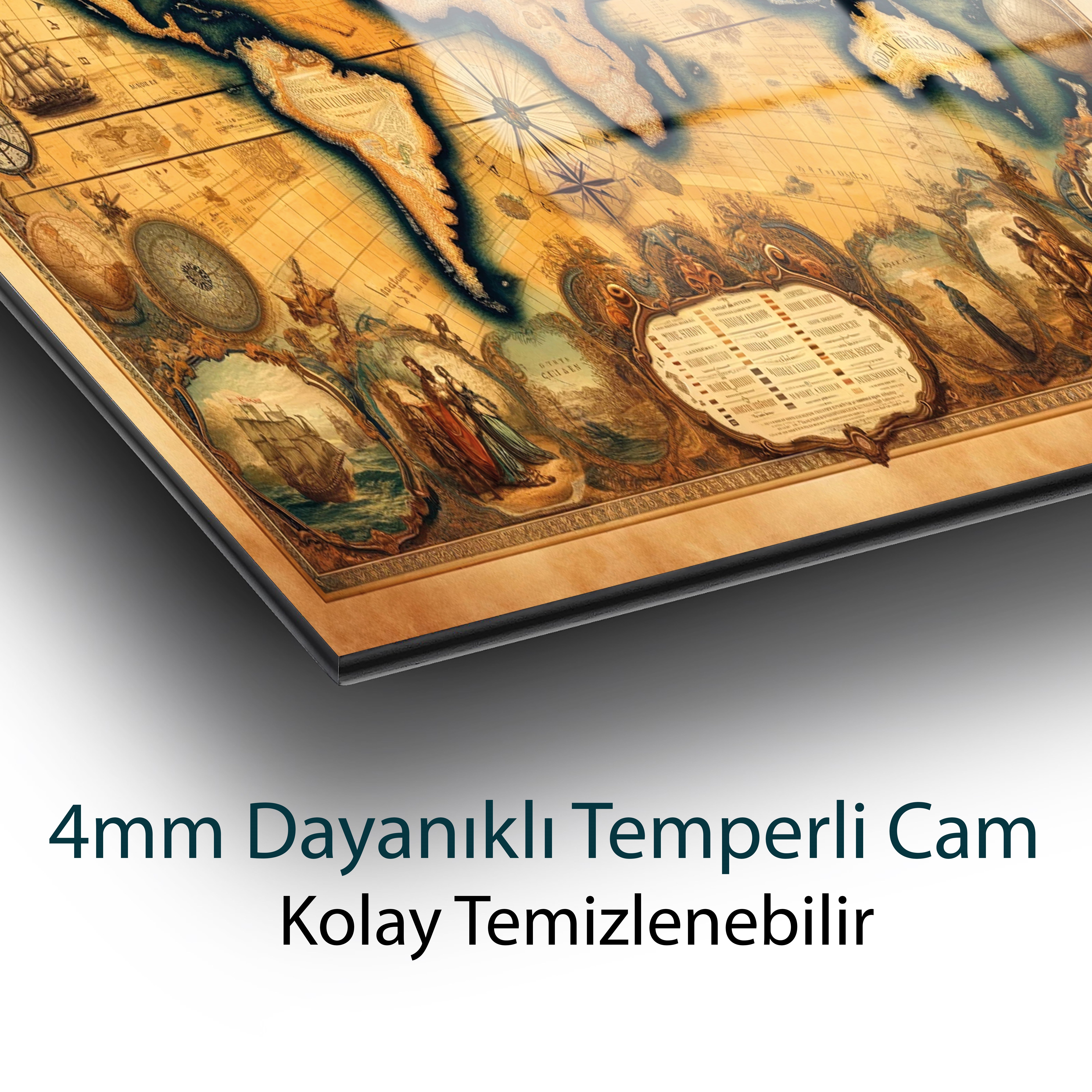 Soyut Gold Renkli Dünya Haritası Cam Tablo  Modern Ofis Makam Odası Hediyelik Büyük Tablo Duvar Dekoru 