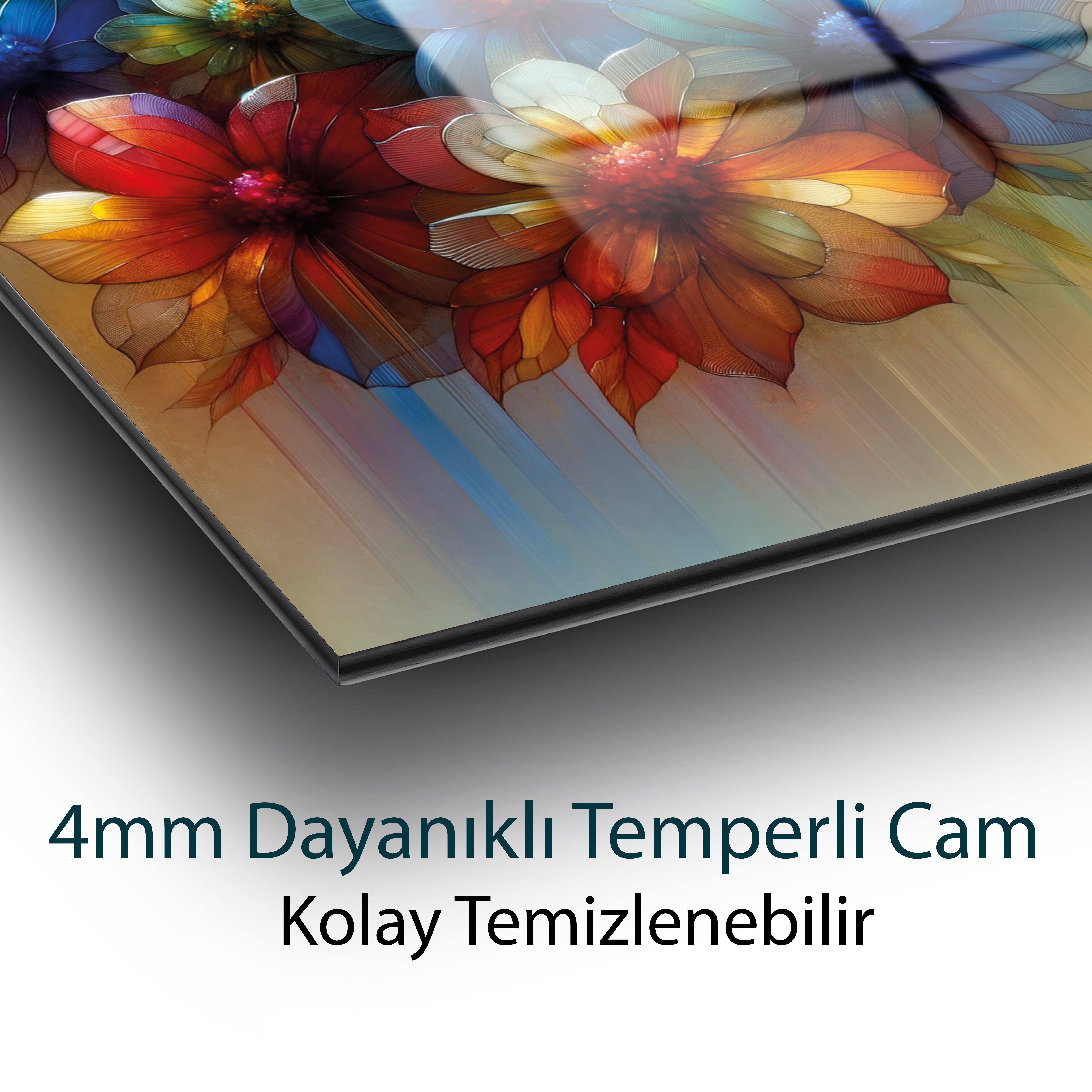 Soyut Renkli Çiçekli  Cam Tablo  Modern Ofis Makam Odası Hediyelik Büyük Tablo Duvar Dekoru 