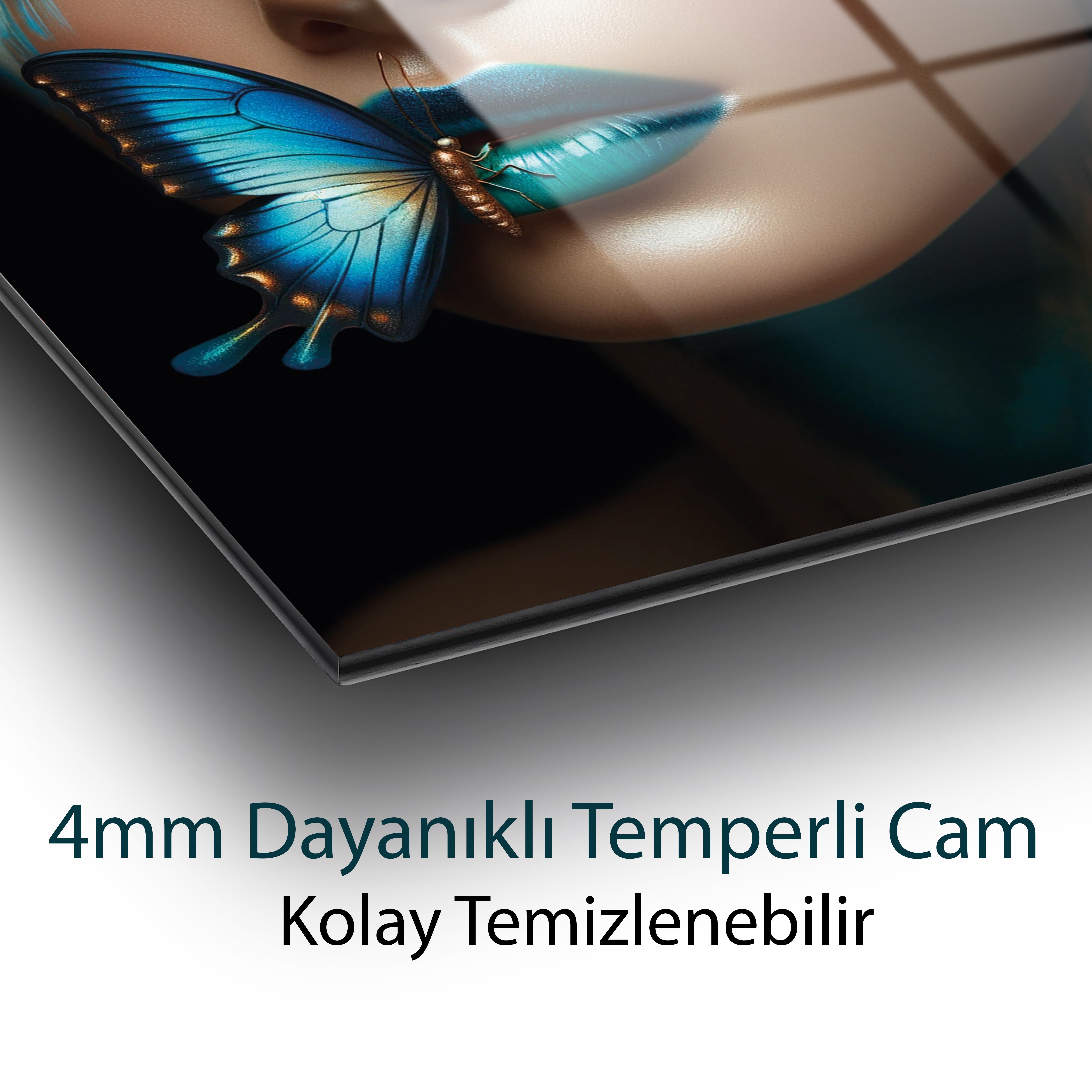 Soyut Renkli Kadın ve Kelebek Cam Tablo  Modern Ofis Makam Odası Hediyelik Büyük Tablo Duvar Dekoru 