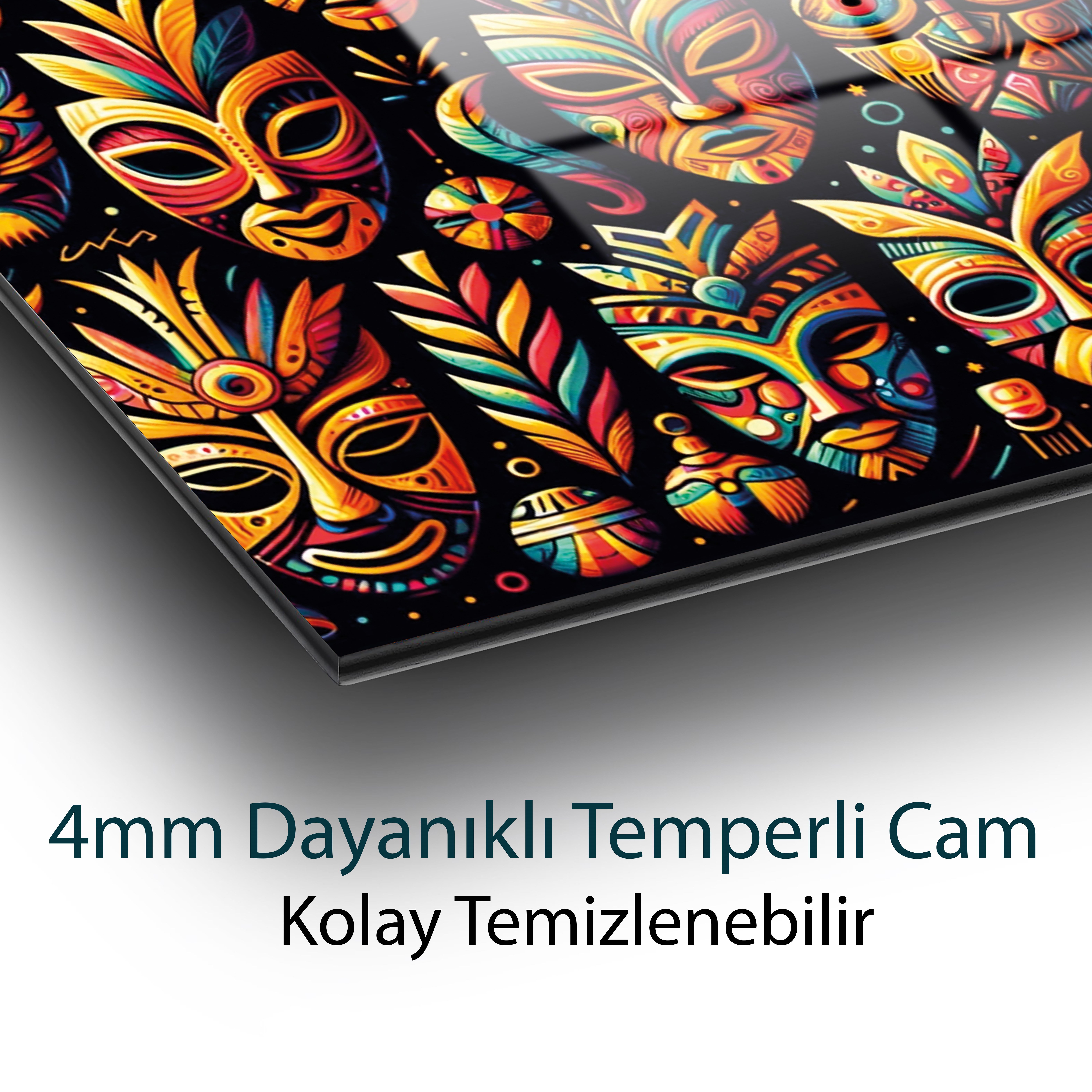 Soyut Renkli Maskeler Cam Tablo  Modern Ofis Makam Odası Hediyelik Büyük Tablo Duvar Dekoru 