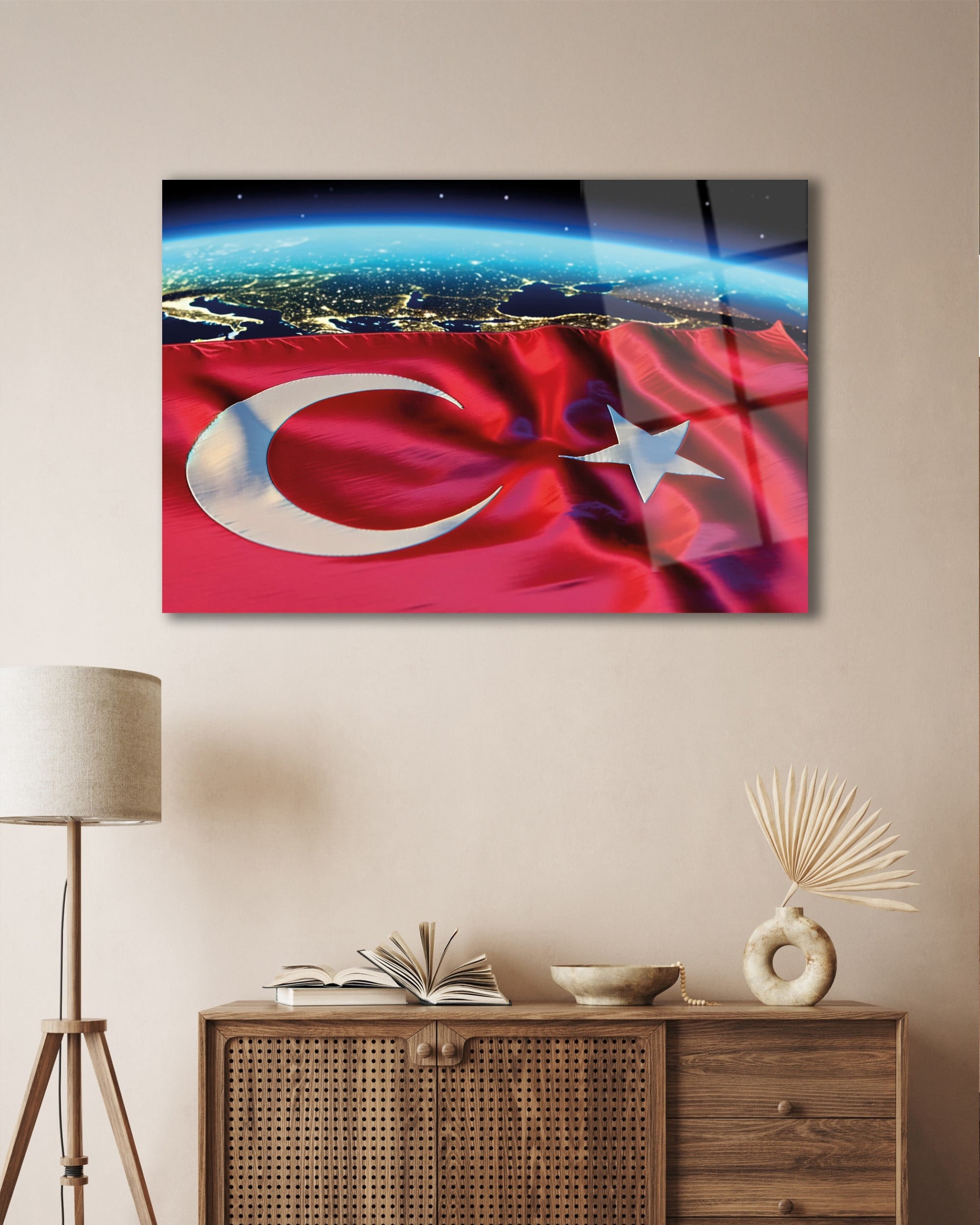 Soyut Türk Bayrağı Cam Tablo  Modern Ofis Makam Odası Hediyelik Büyük Tablo Duvar Dekoru 