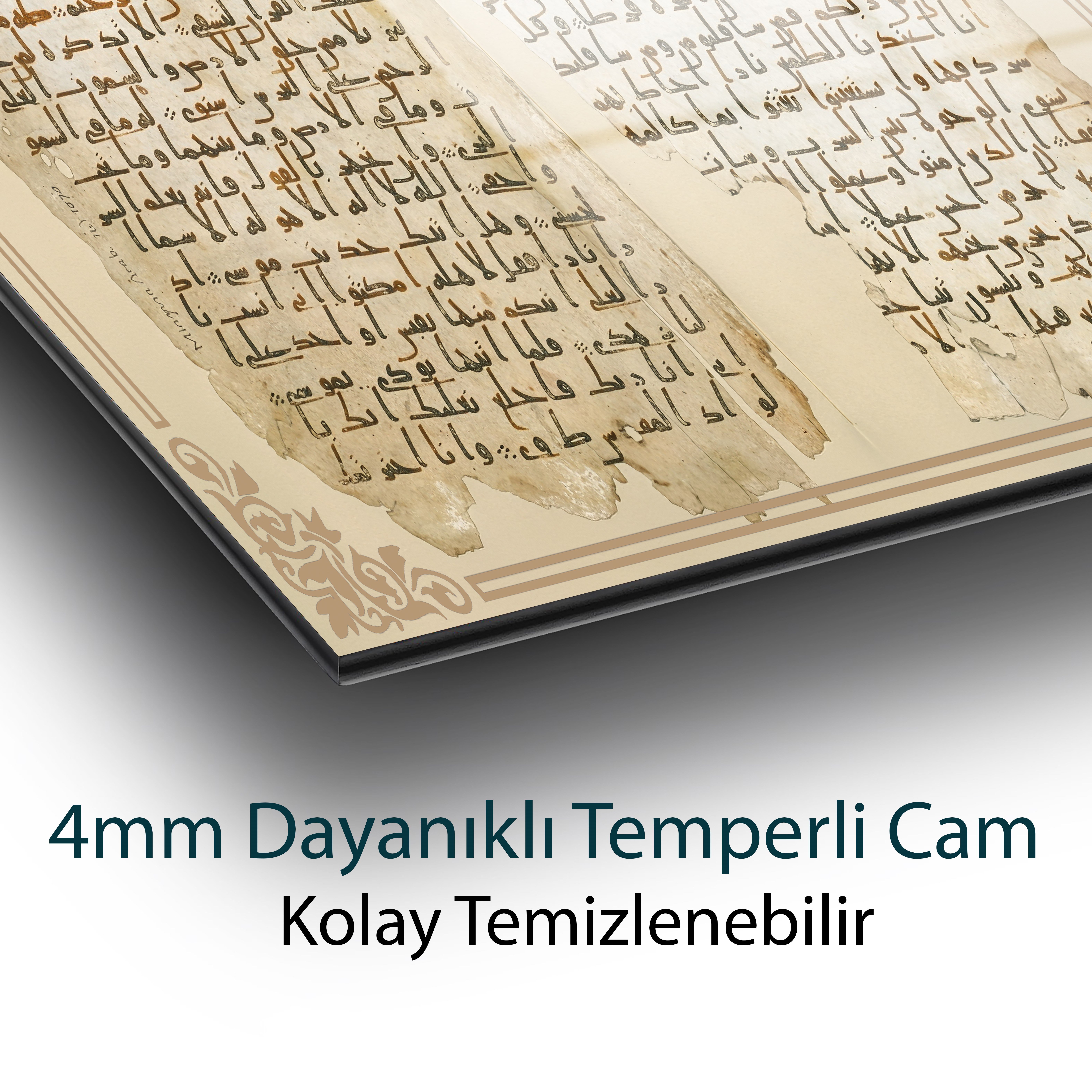 Tarihî El Yazması Kur'an-ı Kerim Sayfaları Temperli Cam Tablo
