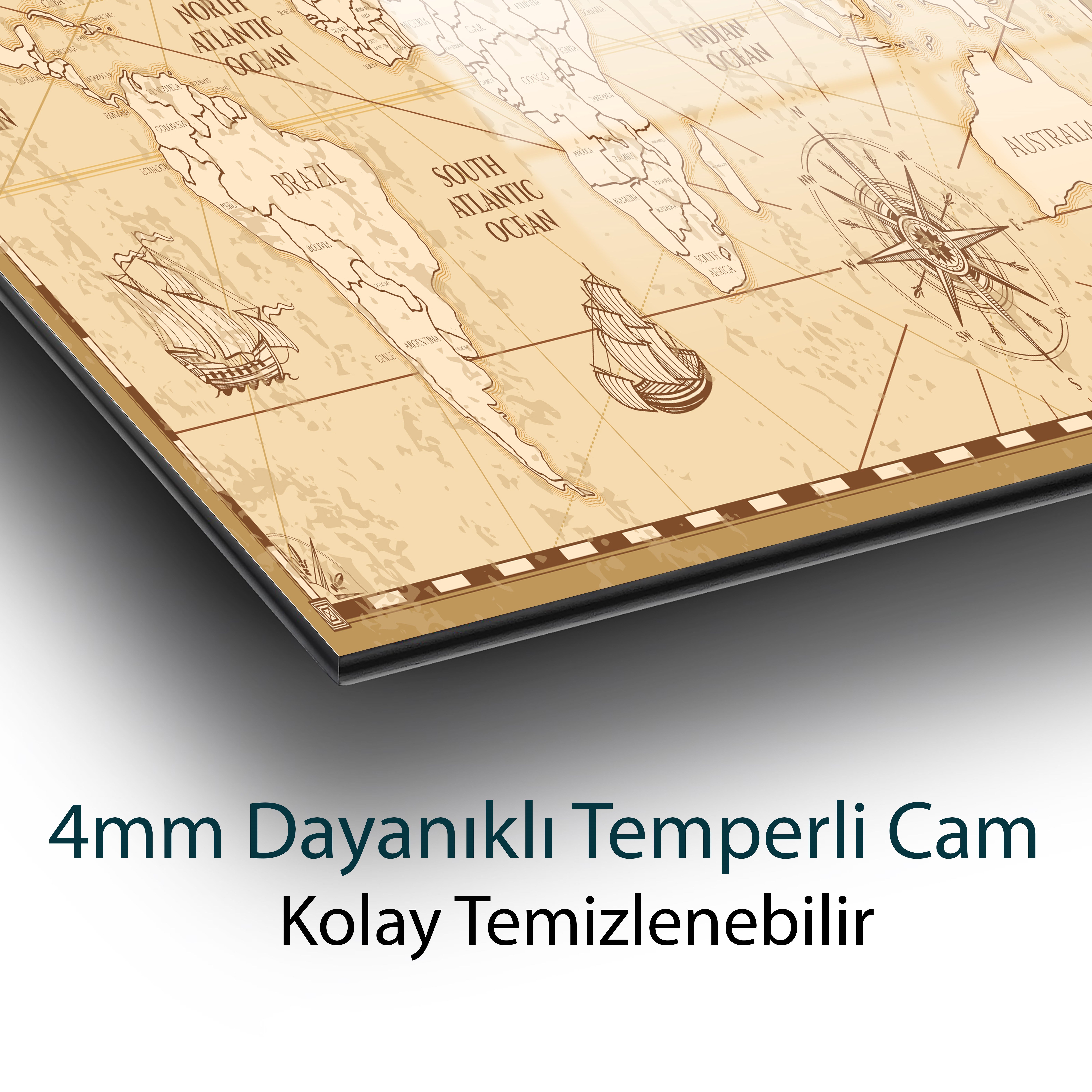 Tarihi Dünya Haritası Cam Tablo 4mm Dayanıklı Temperli Cam
