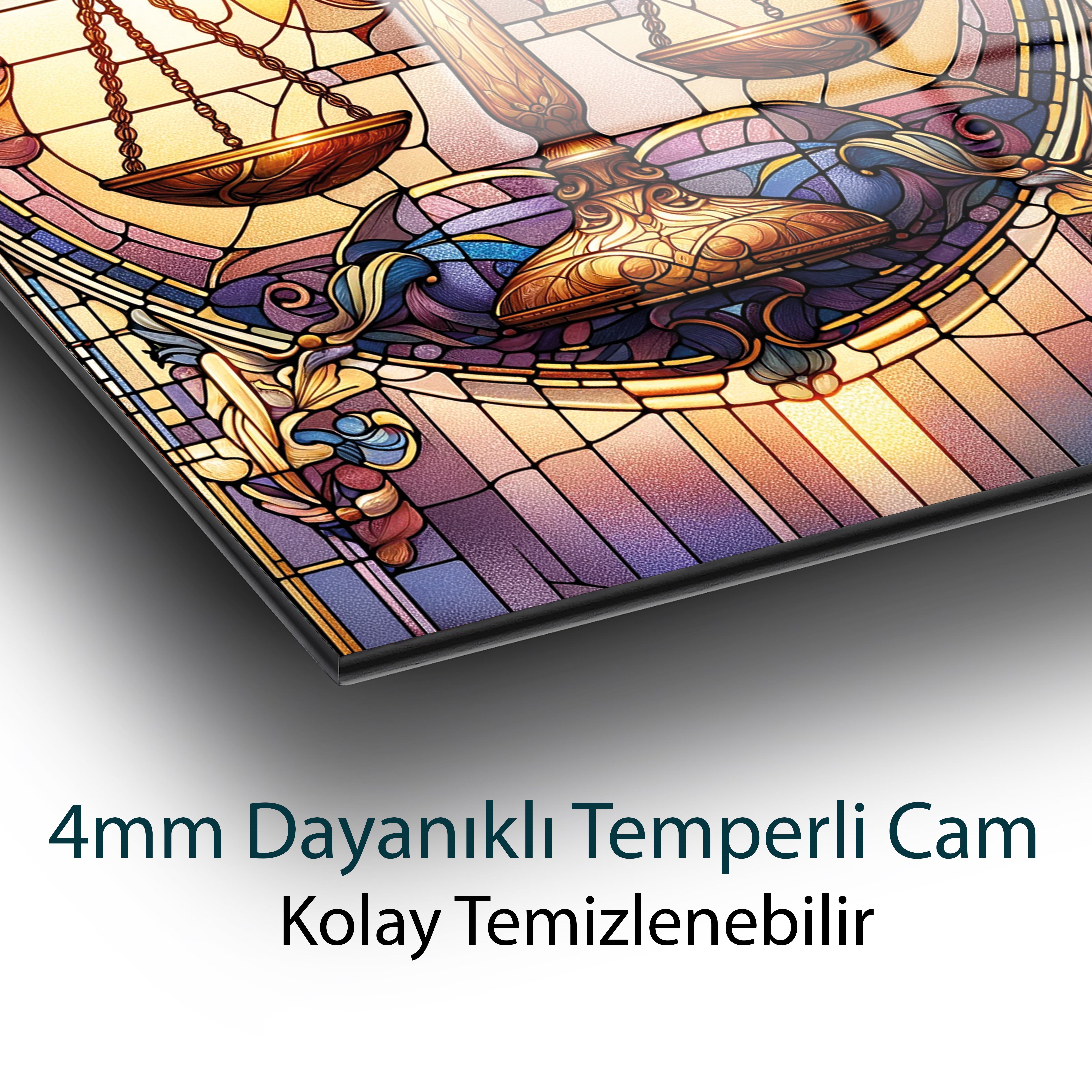 Terazi Cam Tablo | Adalet Sembolü Vitray Sanatı Temperli Cam Duvar Tablosu | 4 mm Dekoratif Cam Tablo