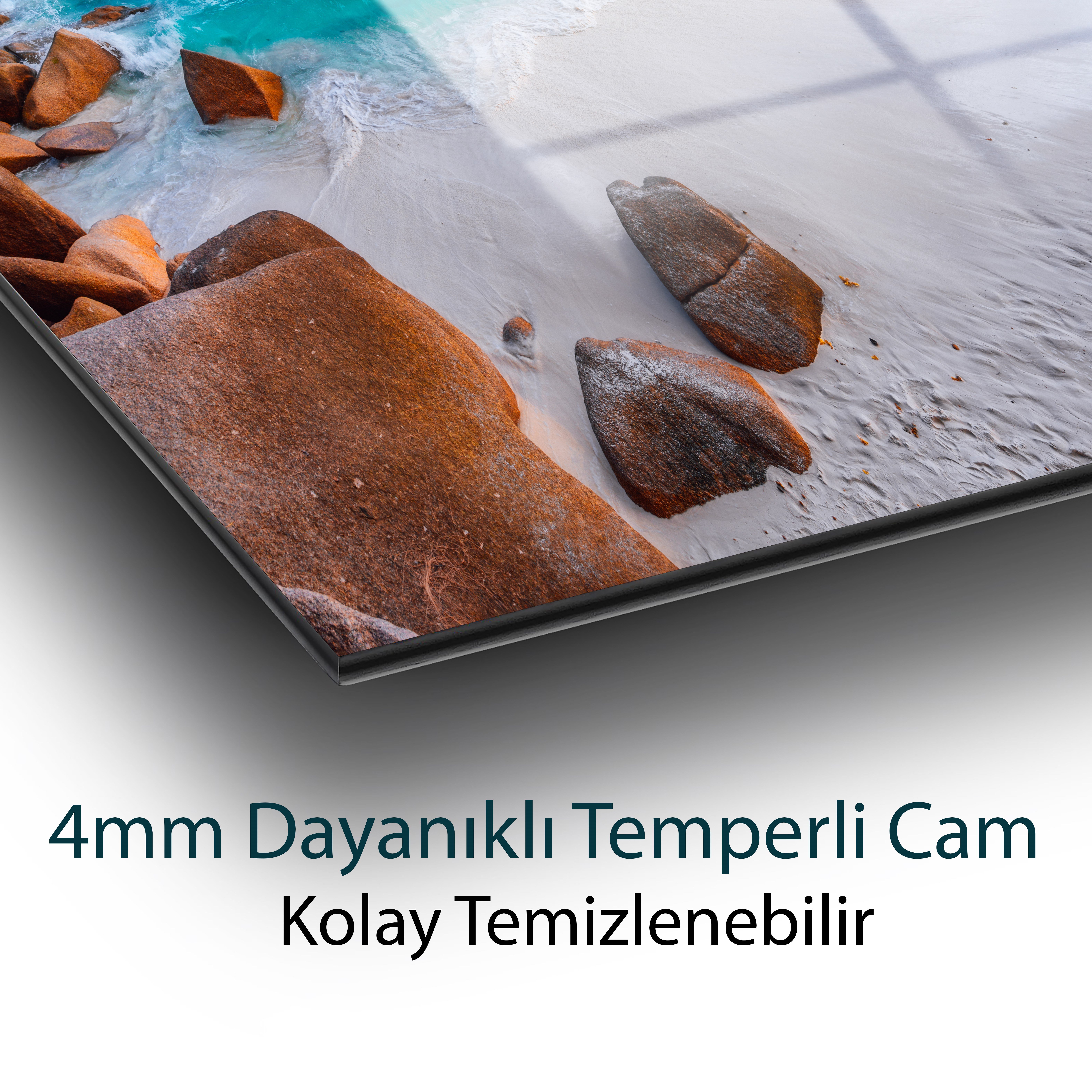 Tropikal Plaj Cam Tablo | Turkuaz Deniz Manzarası Temperli Cam Duvar Tablosu | 4 mm Dekoratif Cam Tablo