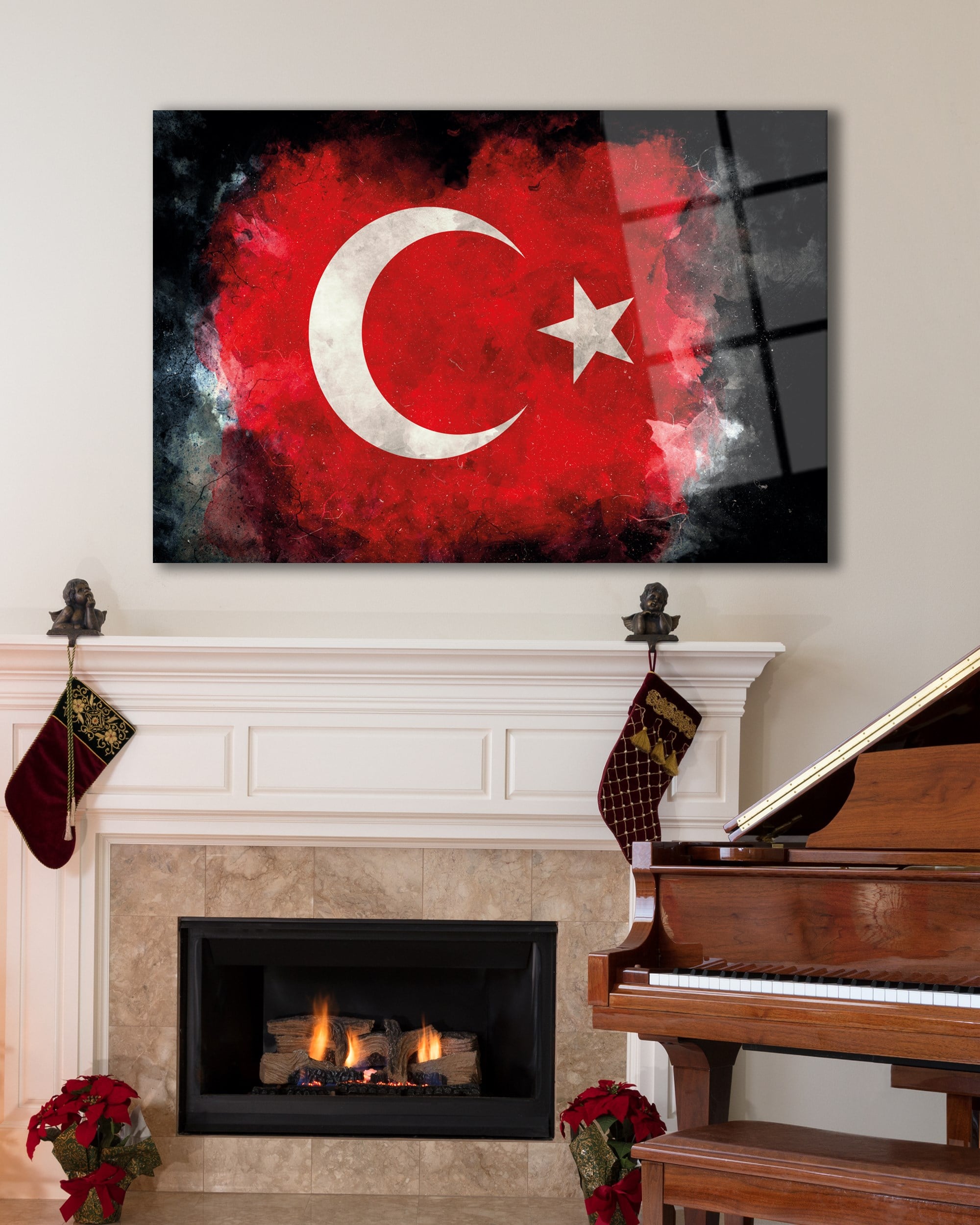 Türk Bayrağı Ay Yıldız Cam Tablo Modern Ev Ofis Kurum Hediyelik Duvar Dekoru Bayrak