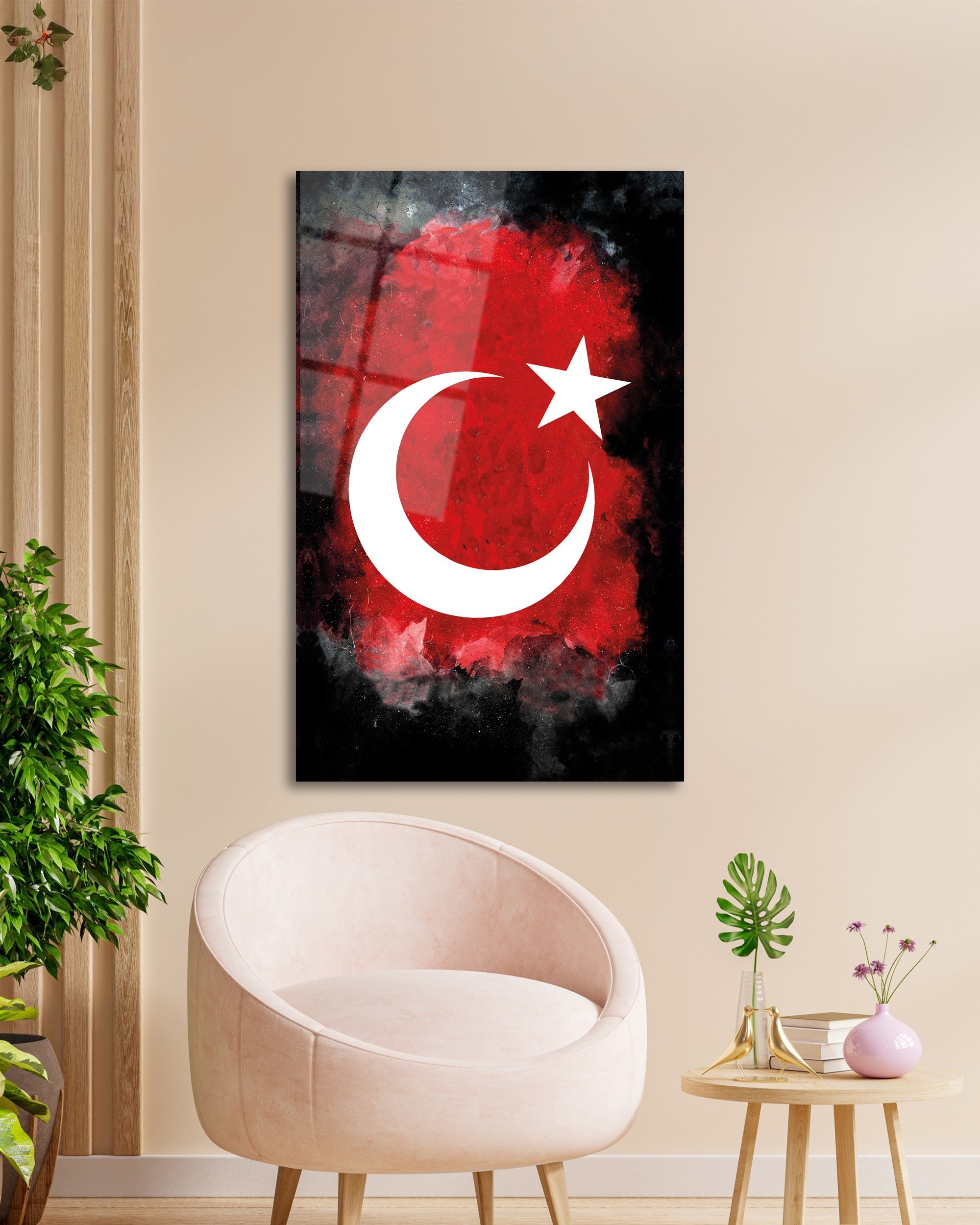Türk Bayrağı Dikey Cam Tablo Hediyelik Büyük Tablo Ev Ofis Dekoru