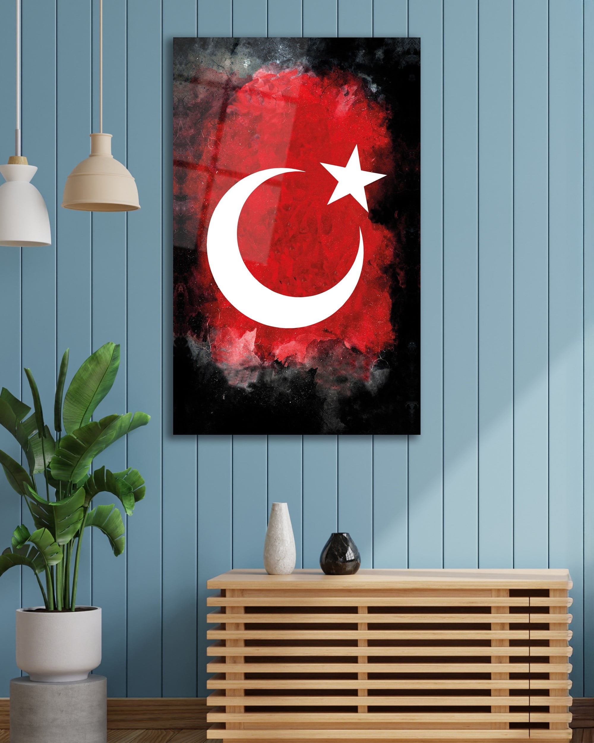 Türk Bayrağı Dikey Cam Tablo Hediyelik Büyük Tablo Ev Ofis Dekoru
