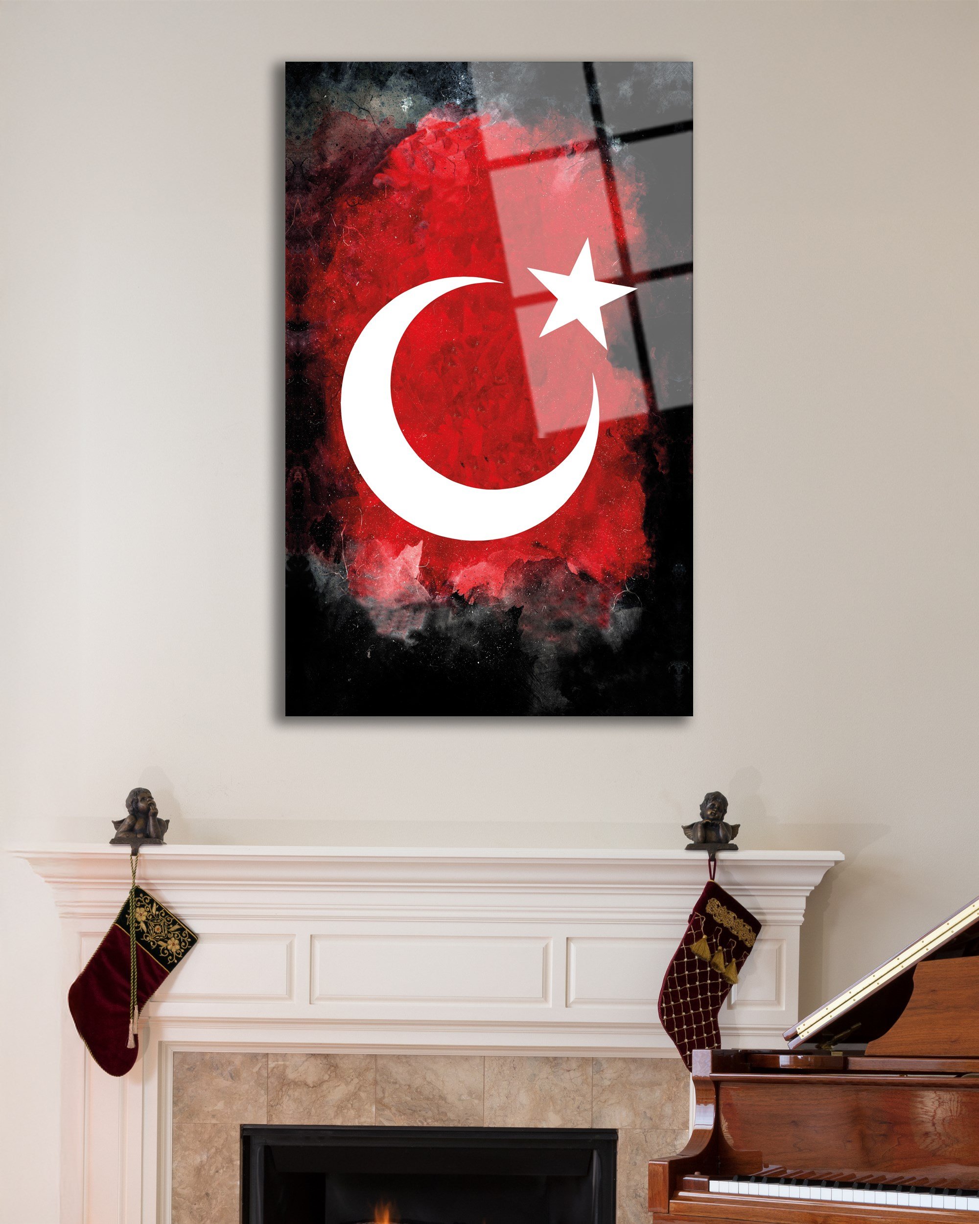 Türk Bayrağı Dikey Cam Tablo Hediyelik Büyük Tablo Ev Ofis Dekoru
