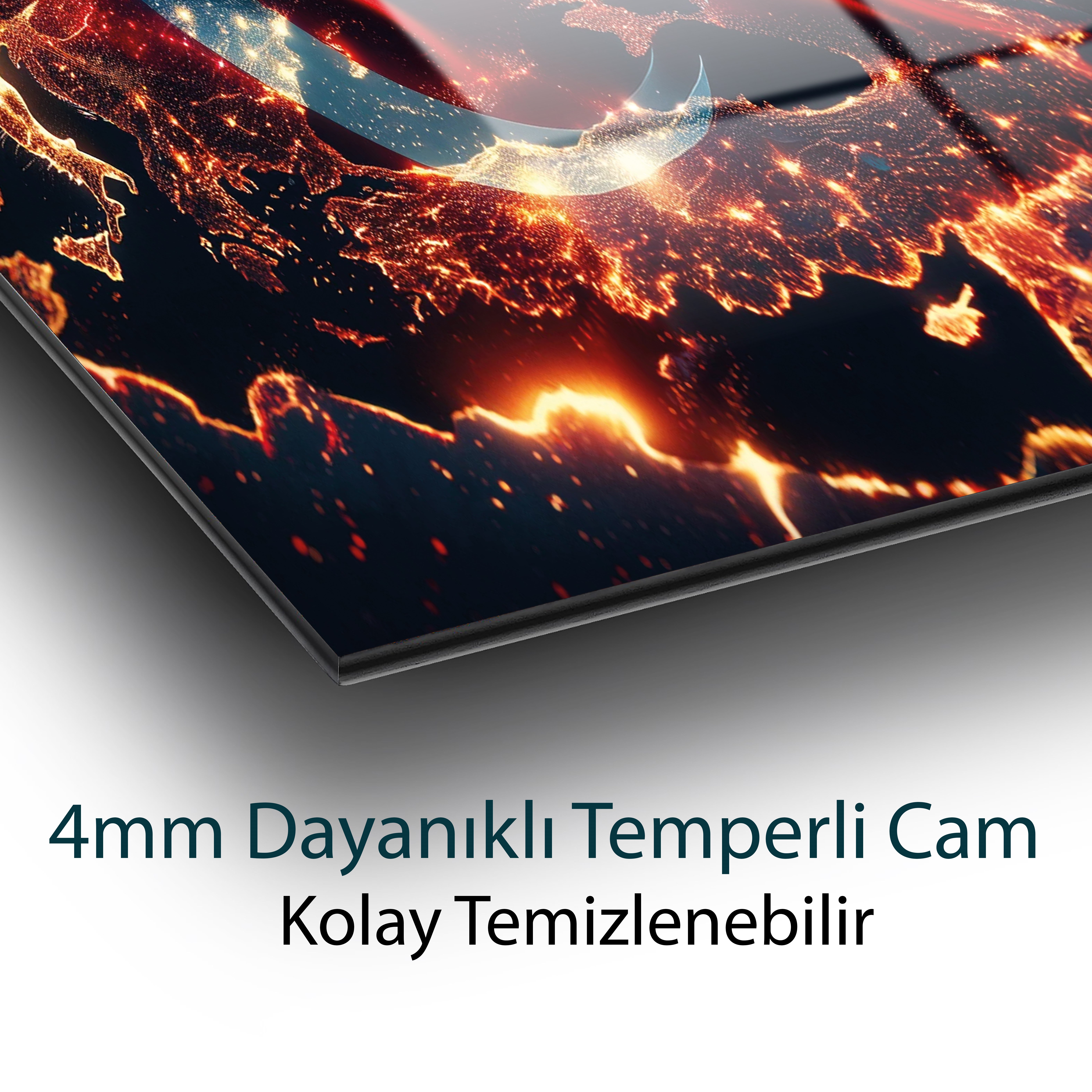 Türk Bayrağı ve Dünya Cam Tablo  Modern Ofis Makam Odası Hediyelik Büyük Tablo Duvar Dekoru 
