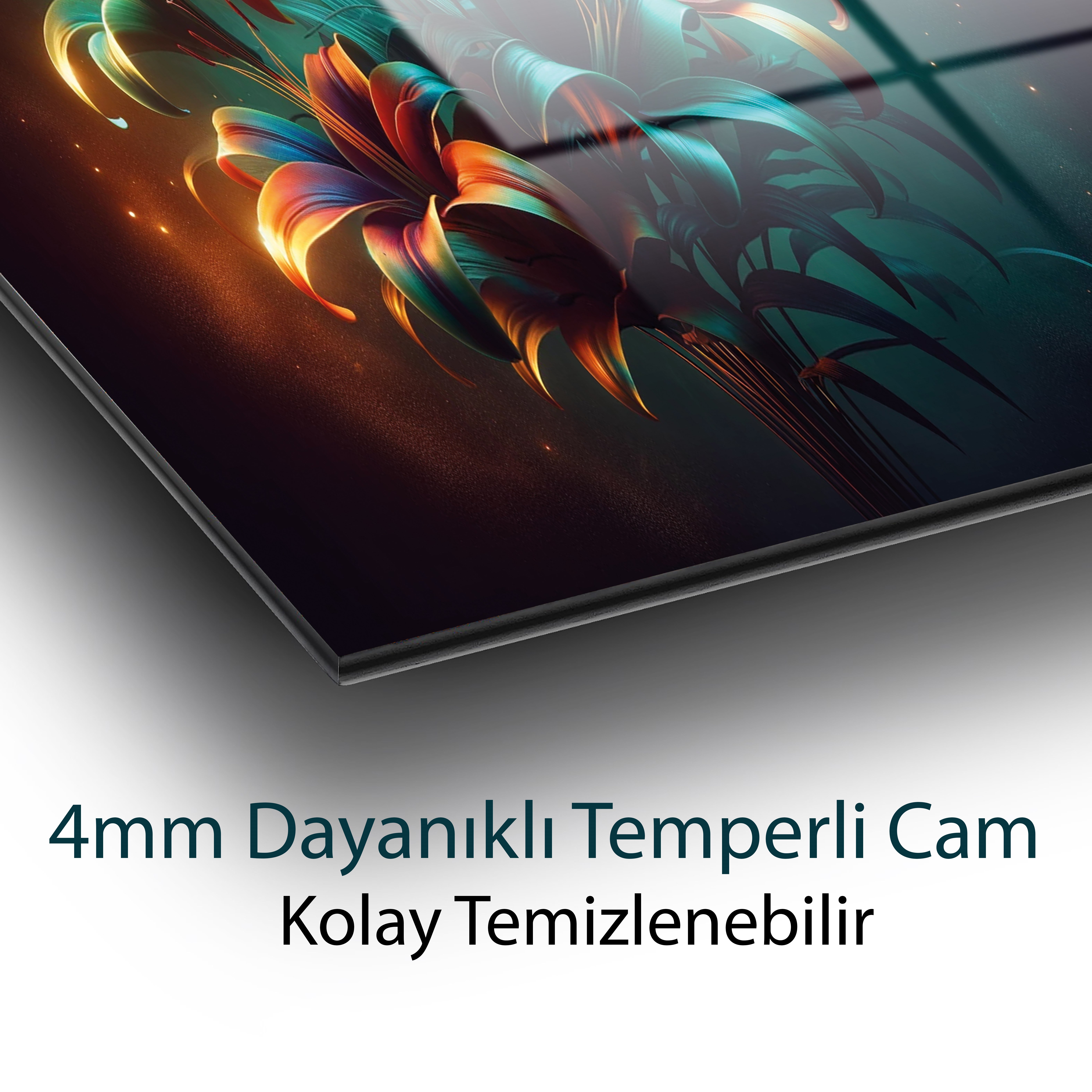 Turkuaz Zambak Cam Tablo | Modern Çiçek Sanatı Temperli Cam Duvar Tablosu | 4 mm Dekoratif Cam Tablo