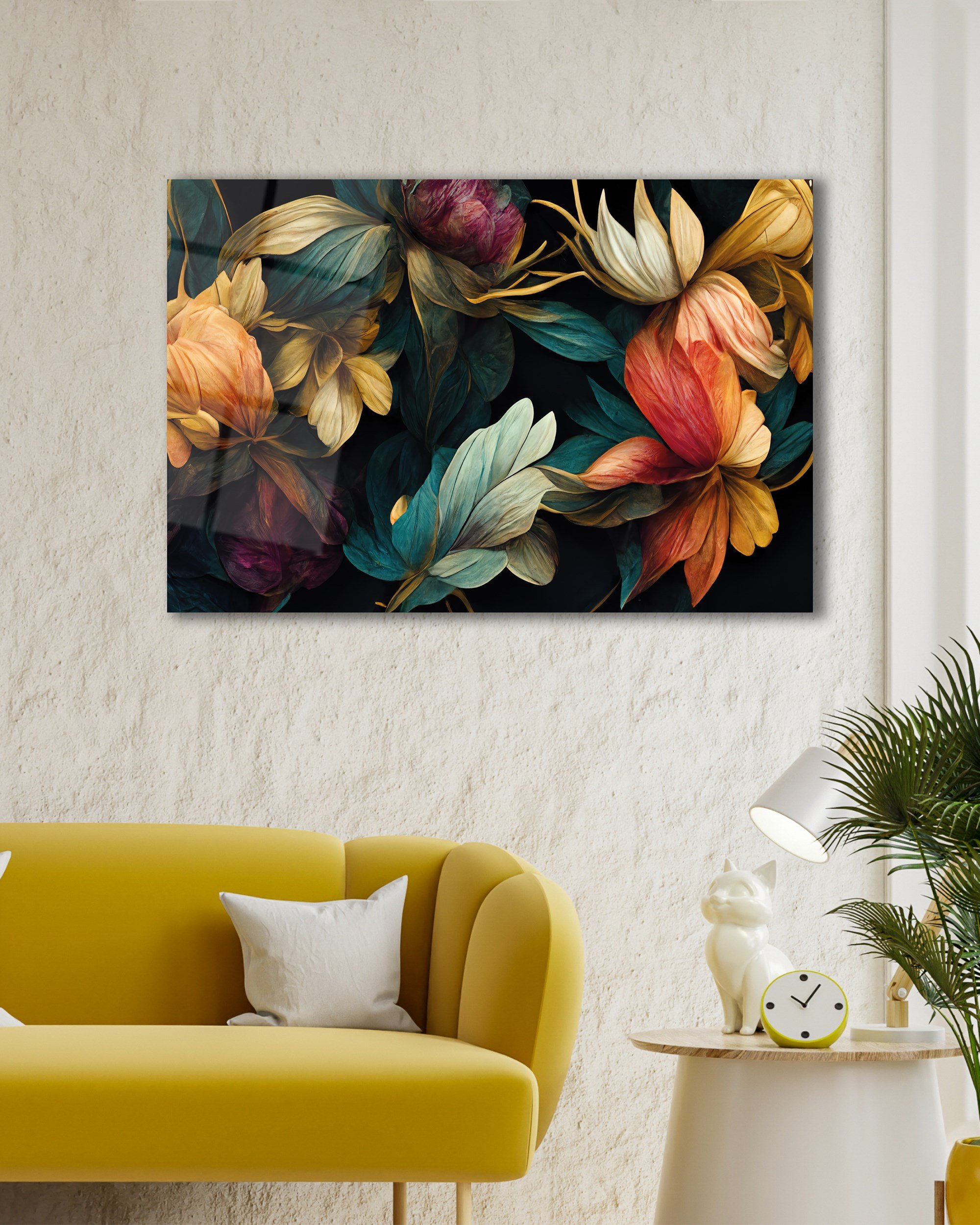 Turuncu ve Yeşil Çiçek Desenli Dekoratif Cam Tablo - Hediyelik Modern ve Şık Duvar Dekoru, Resim, Orange and Green Floral Pattern Decorative Glass Panel - Giftable Modern and Stylish Wall Decor, Art