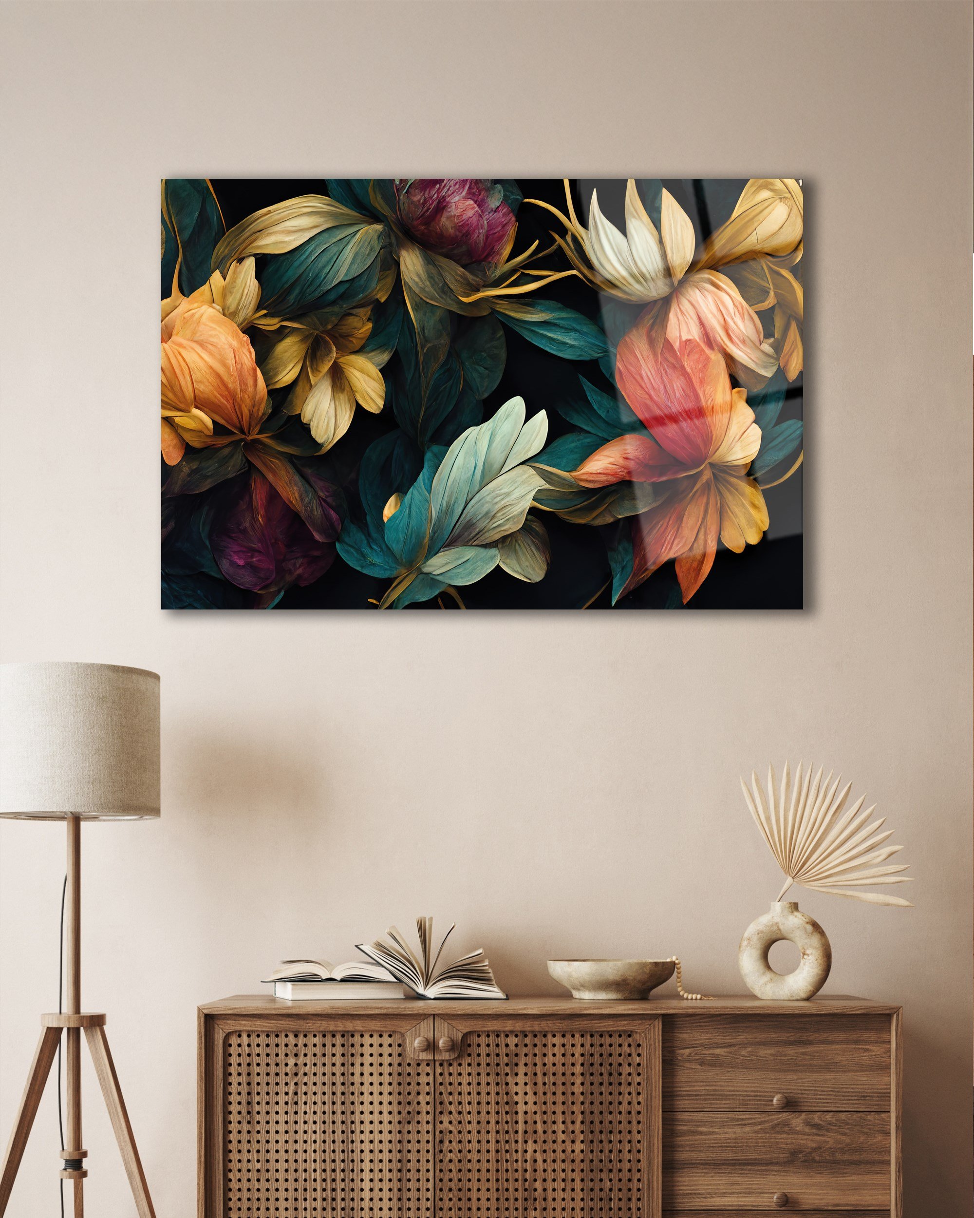 Turuncu ve Yeşil Çiçek Desenli Dekoratif Cam Tablo - Hediyelik Modern ve Şık Duvar Dekoru, Resim, Orange and Green Floral Pattern Decorative Glass Panel - Giftable Modern and Stylish Wall Decor, Art