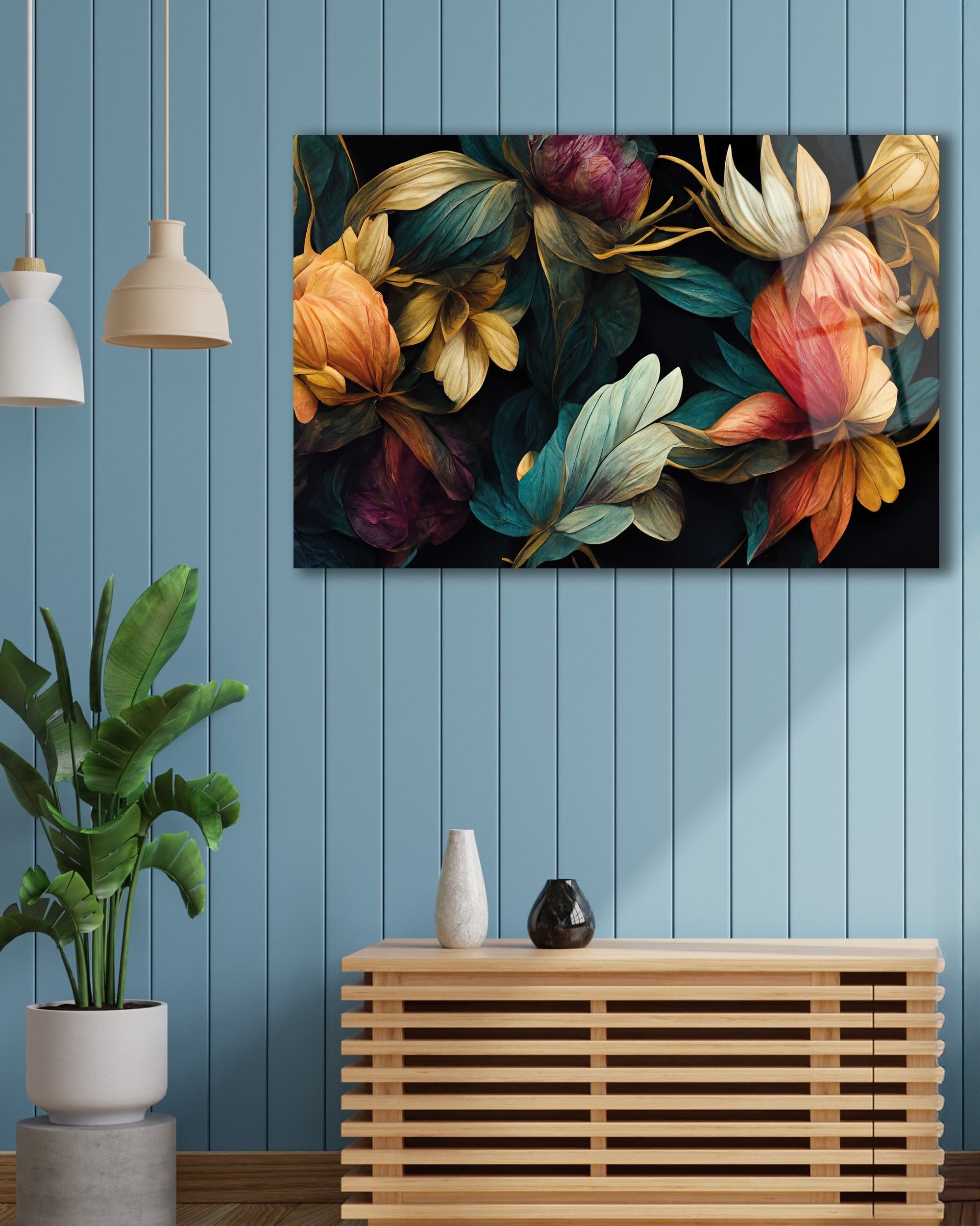 Turuncu ve Yeşil Çiçek Desenli Dekoratif Cam Tablo - Hediyelik Modern ve Şık Duvar Dekoru, Resim, Orange and Green Floral Pattern Decorative Glass Panel - Giftable Modern and Stylish Wall Decor, Art