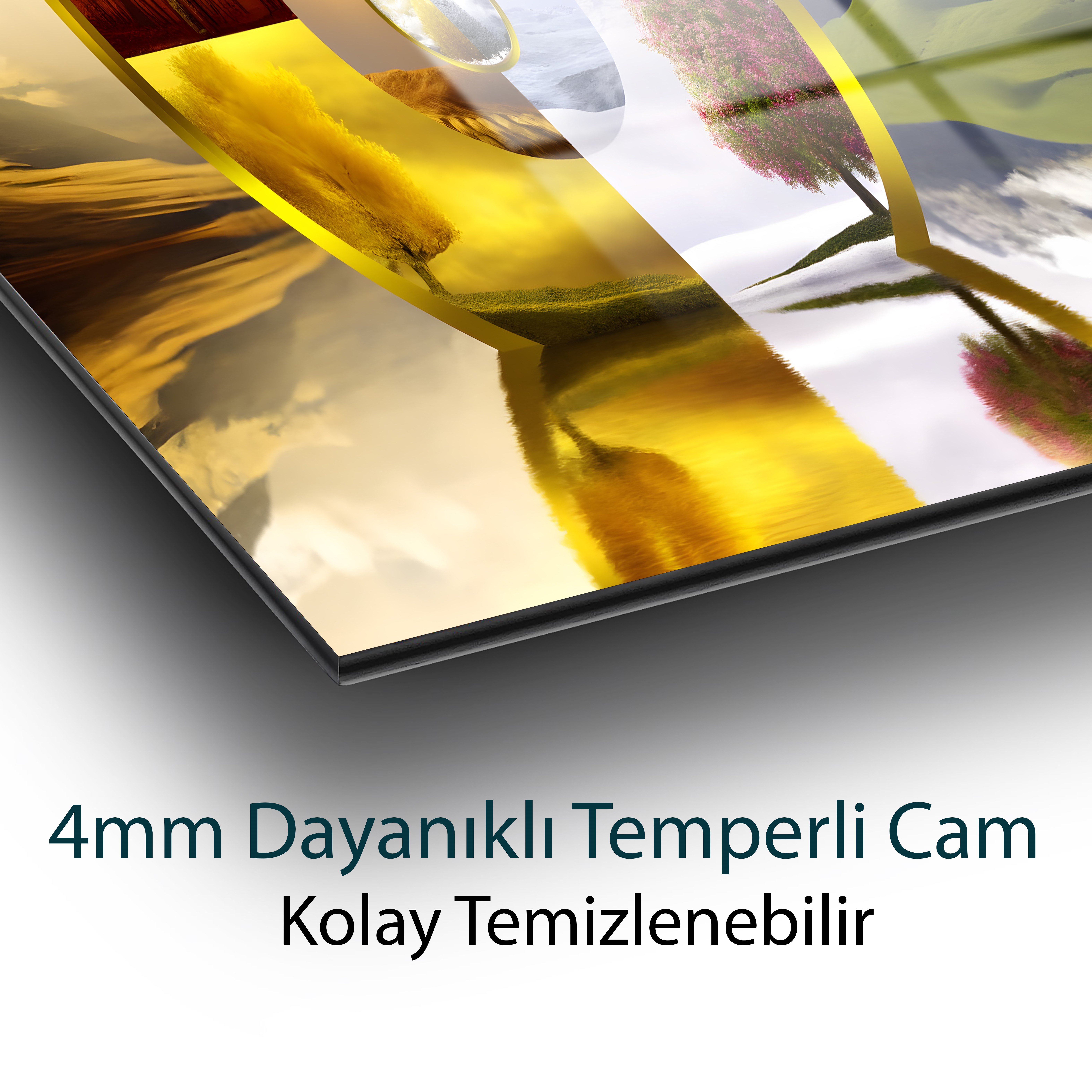 Yin Yang Dört Mevsim Cam Tablo | Modern Doğa ve Denge Temalı Temperli Cam Duvar Tablosu | 4 mm Dekoratif Cam Tablo
