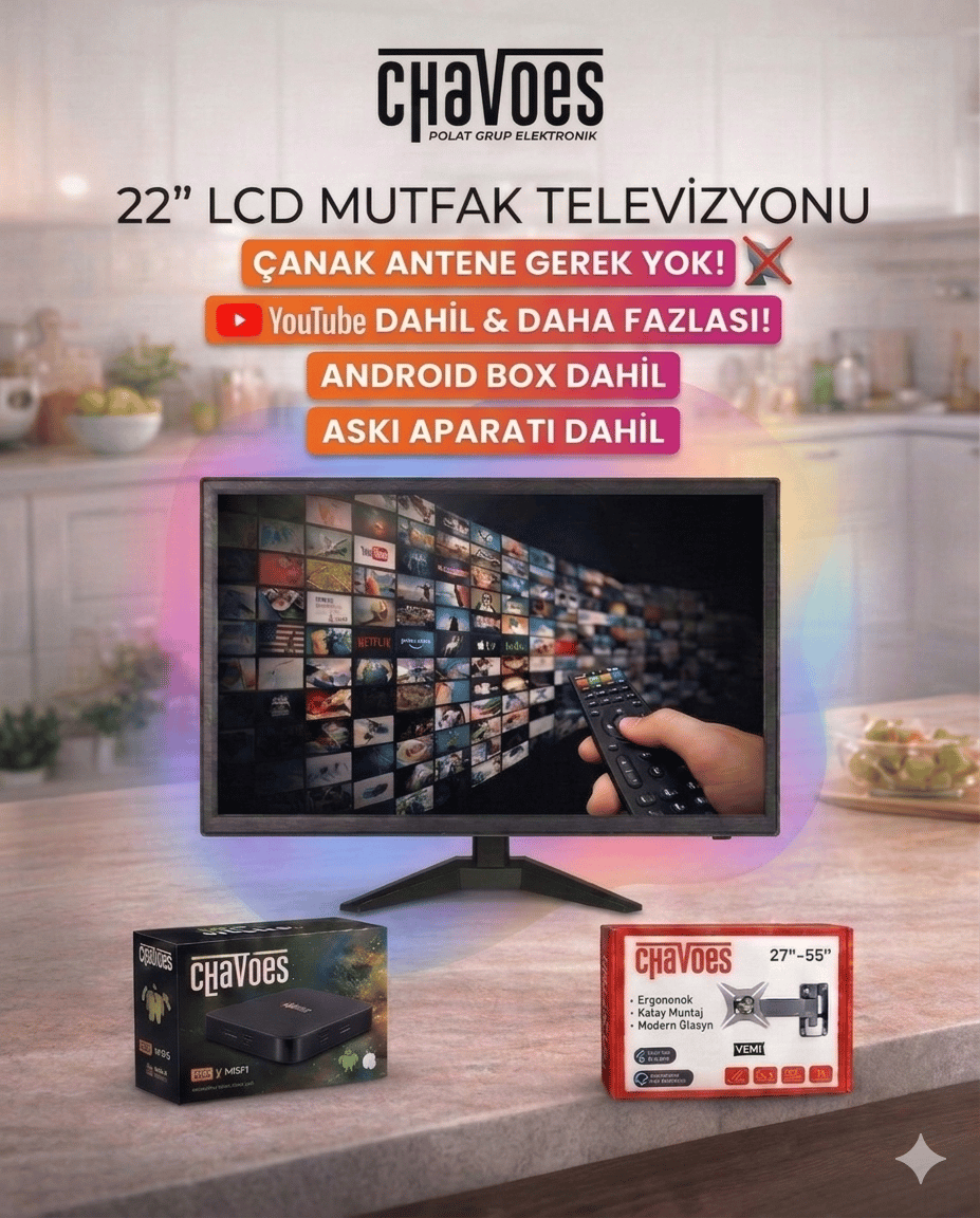 Chavoes 22 İnç Mutfak TV + Android Box | Çanak Antensiz WiFi TV | Askı Aparatı Hediyeli
