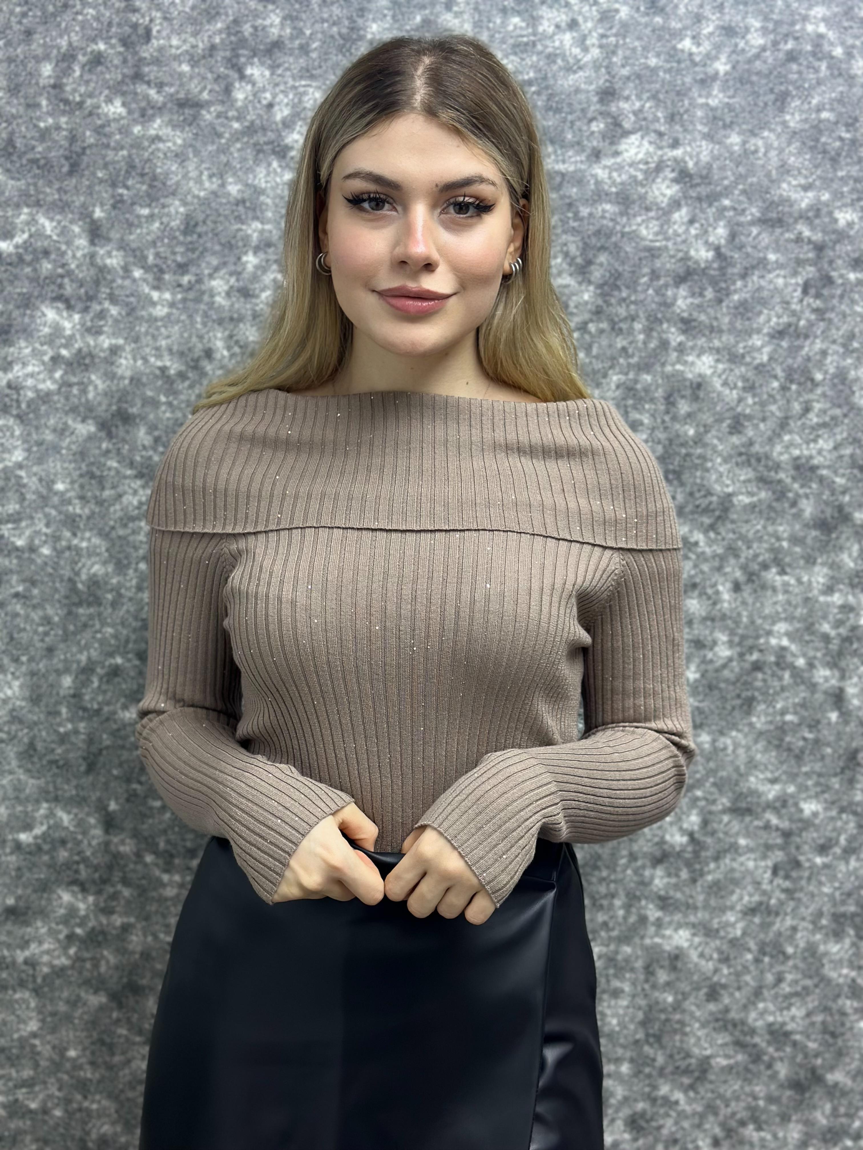Kadın Bardot Yaka Fitilli Pullu Triko Kazak