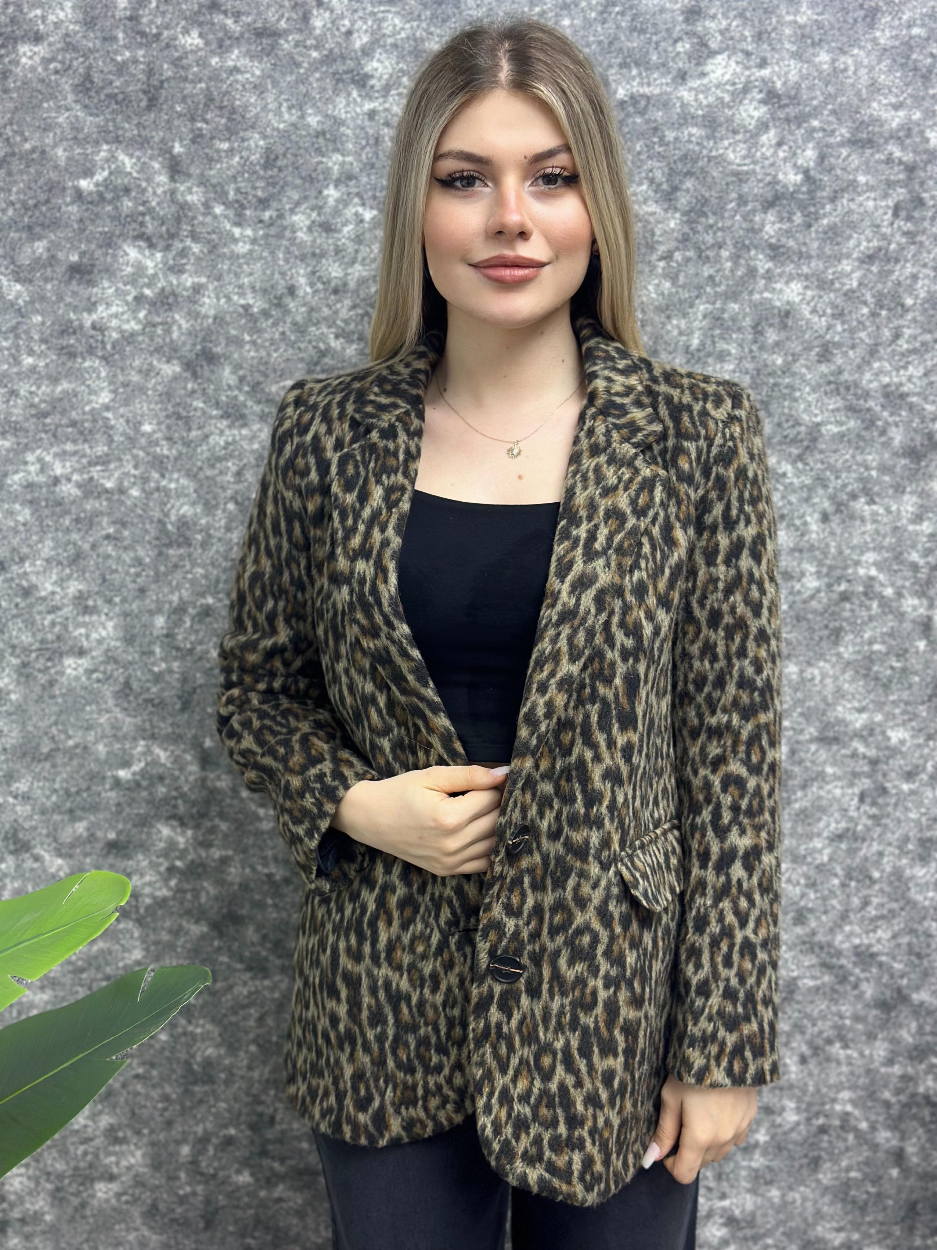 Kadın İnce Leopar Desenli Jakar Ceket