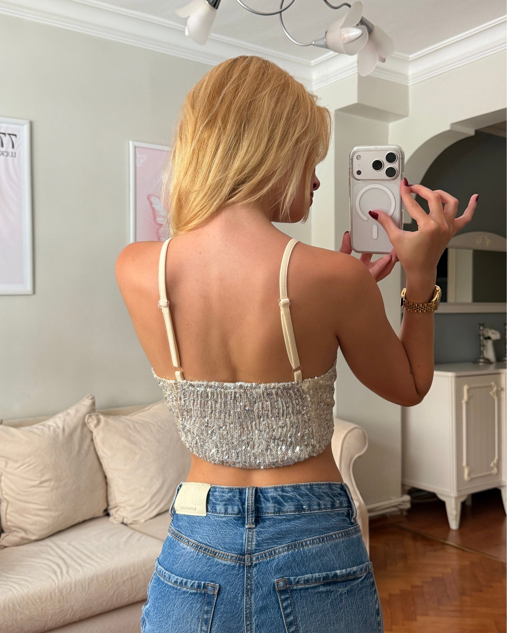 Krem Payetli Büstiyer Crop
