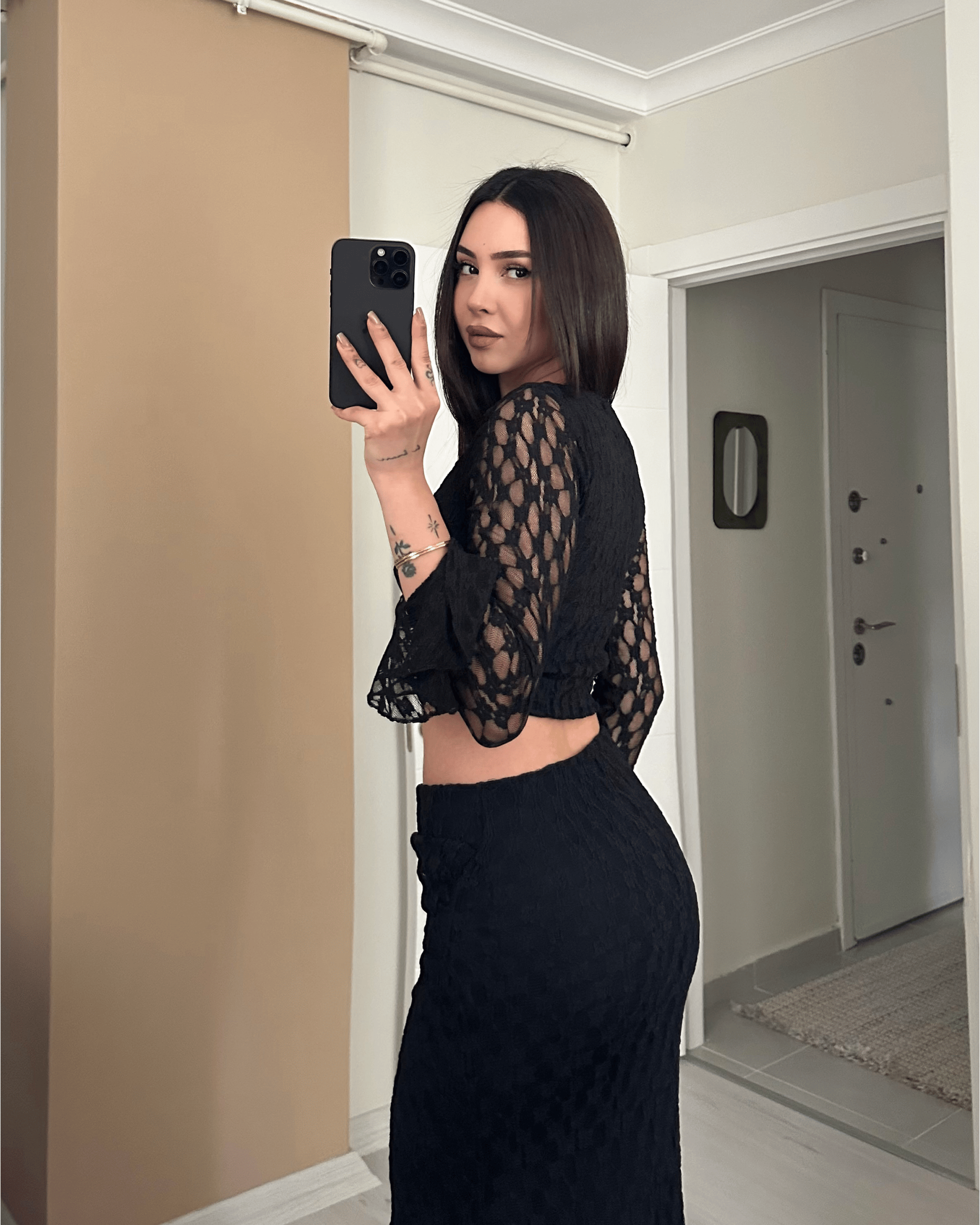 Siyah Dantel Detaylı Uzun Etek Takım