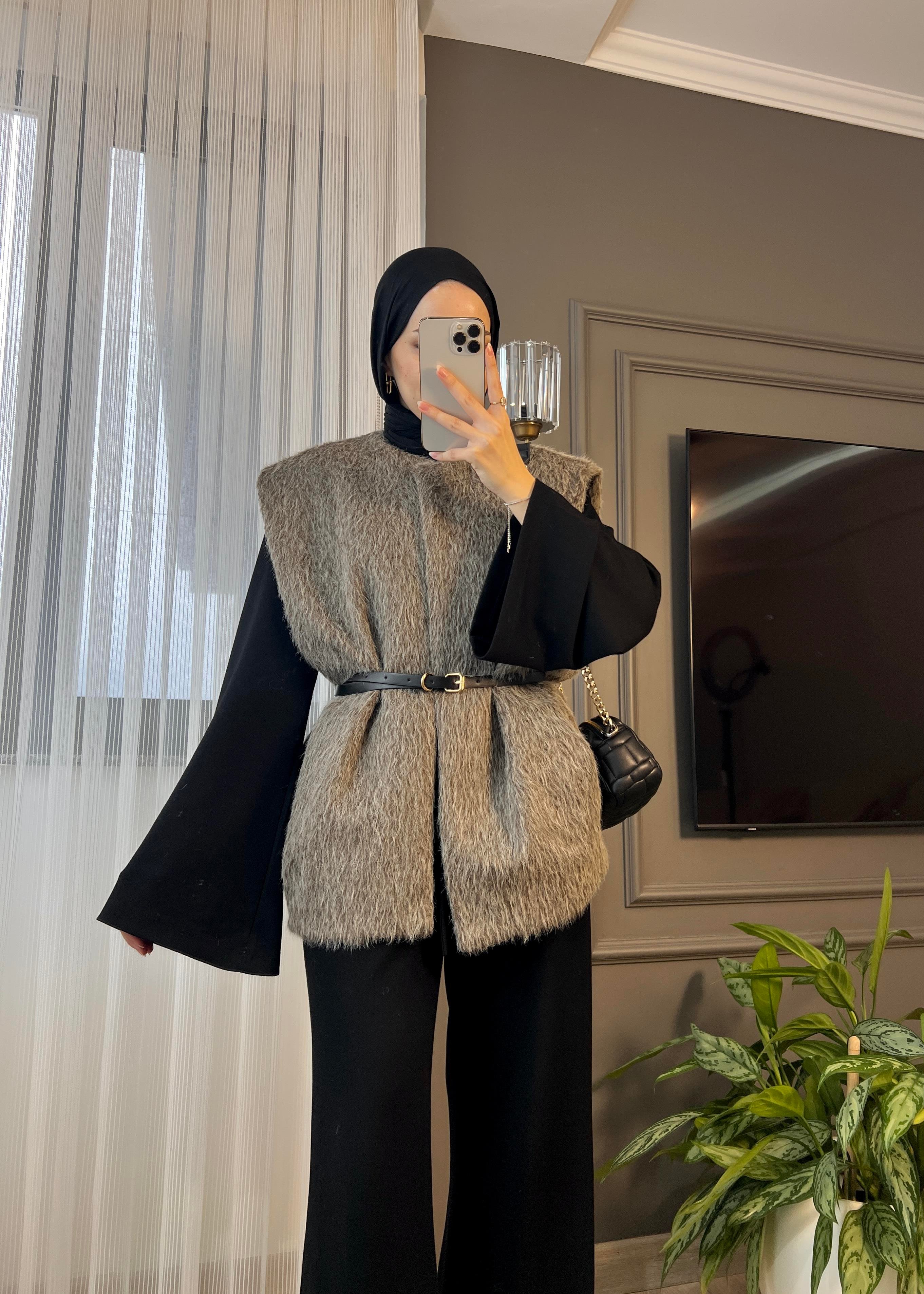  Peluş Kemerli Yelek- Kahverengi