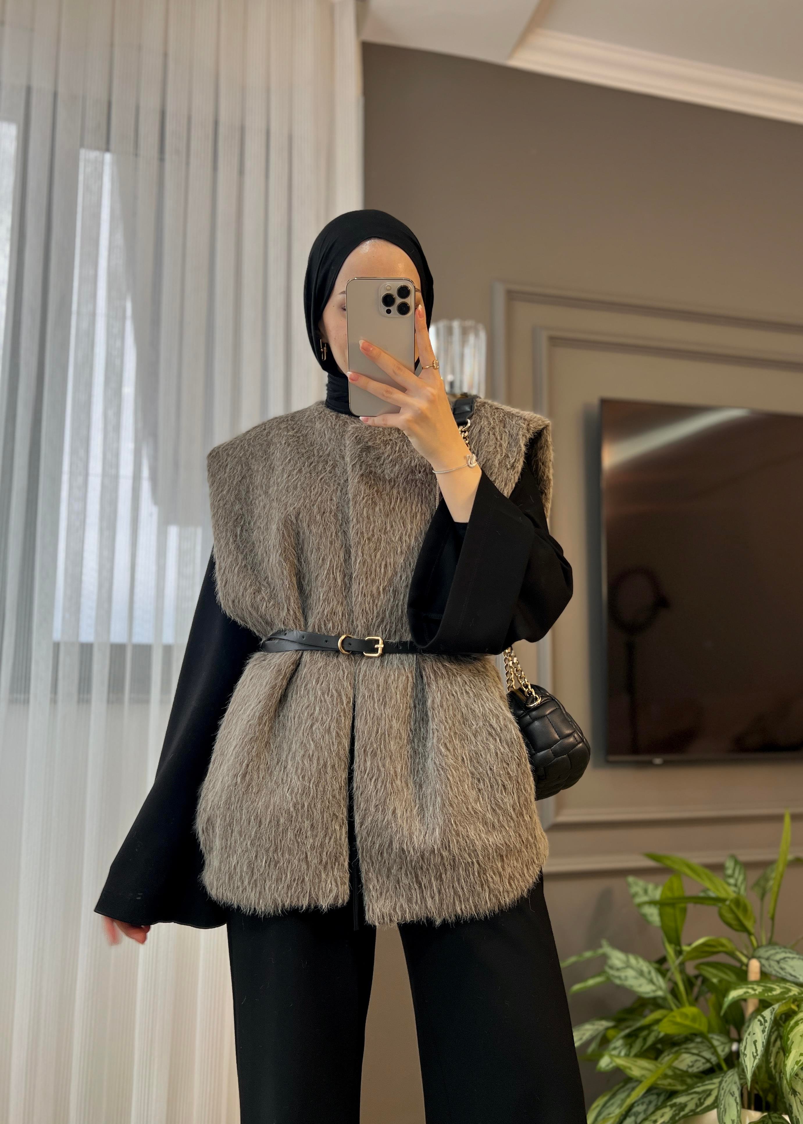  Peluş Kemerli Yelek- Kahverengi