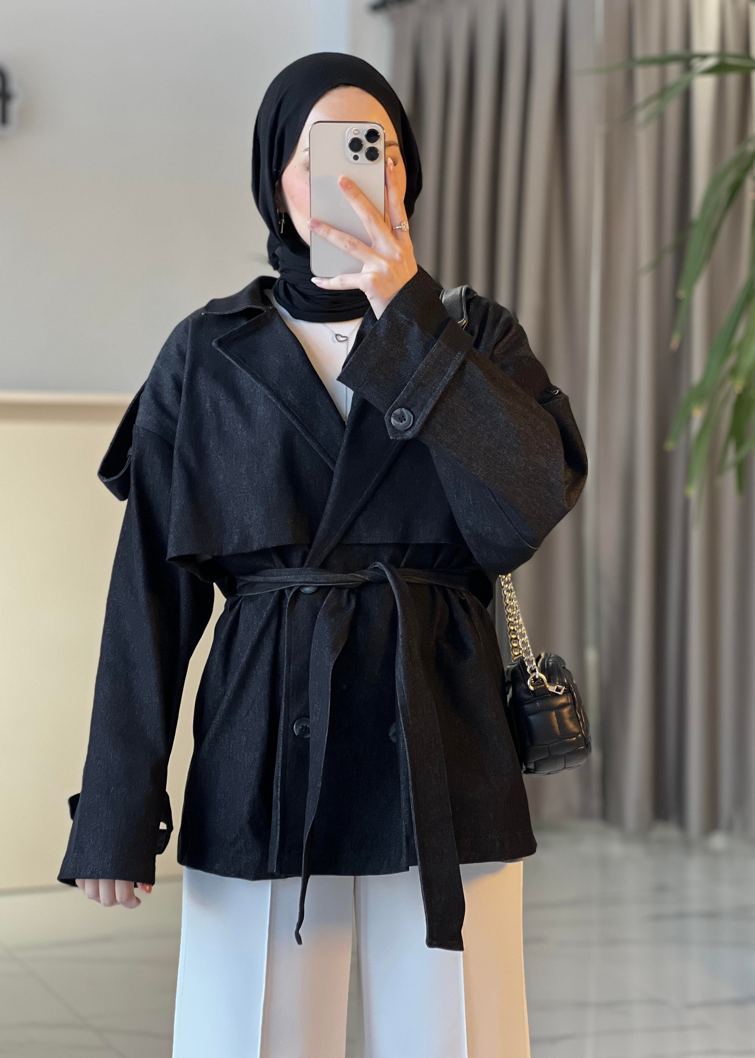 Aller Detaylı Denim Trenç- Siyah