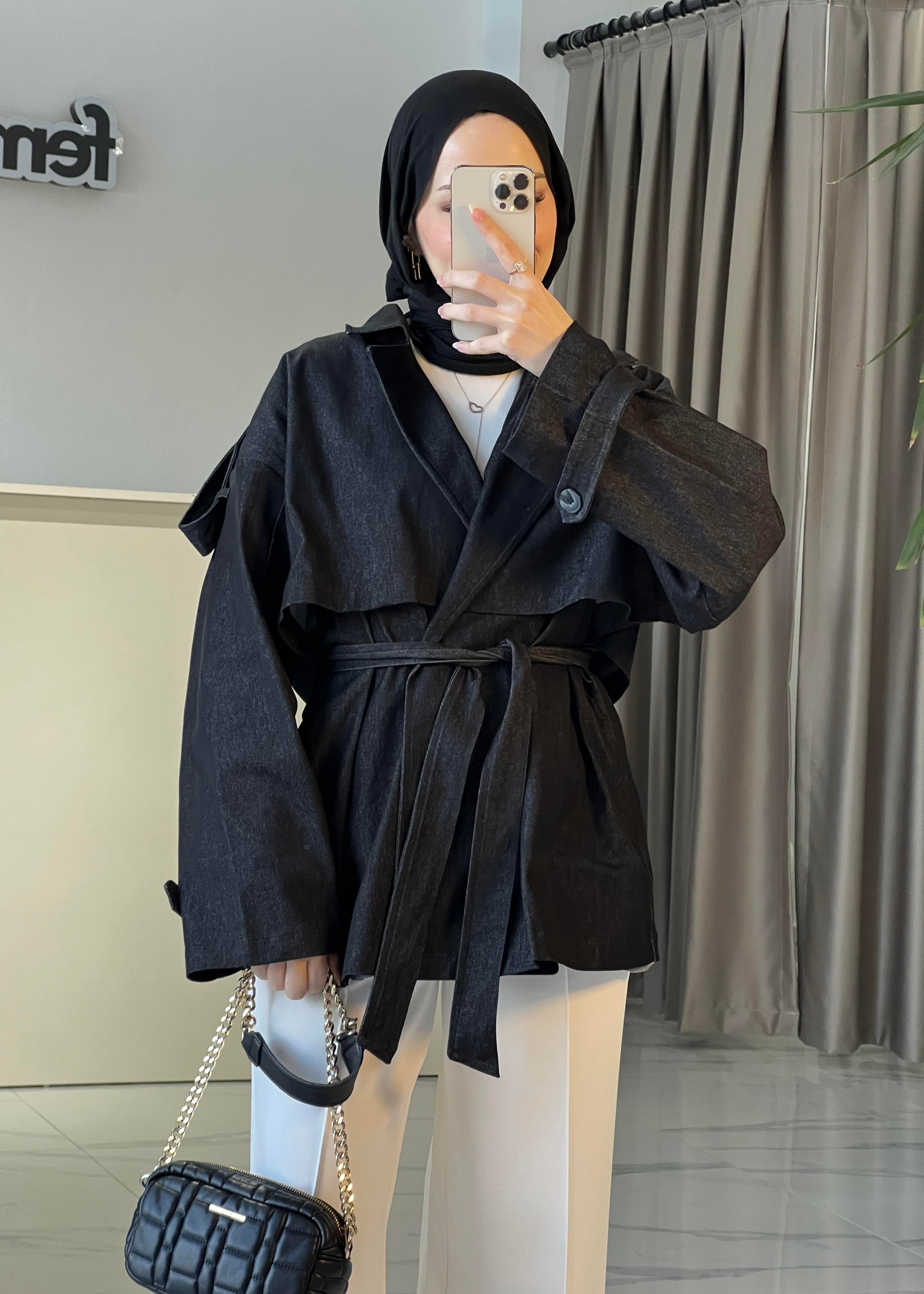 Aller Detaylı Denim Trenç- Siyah