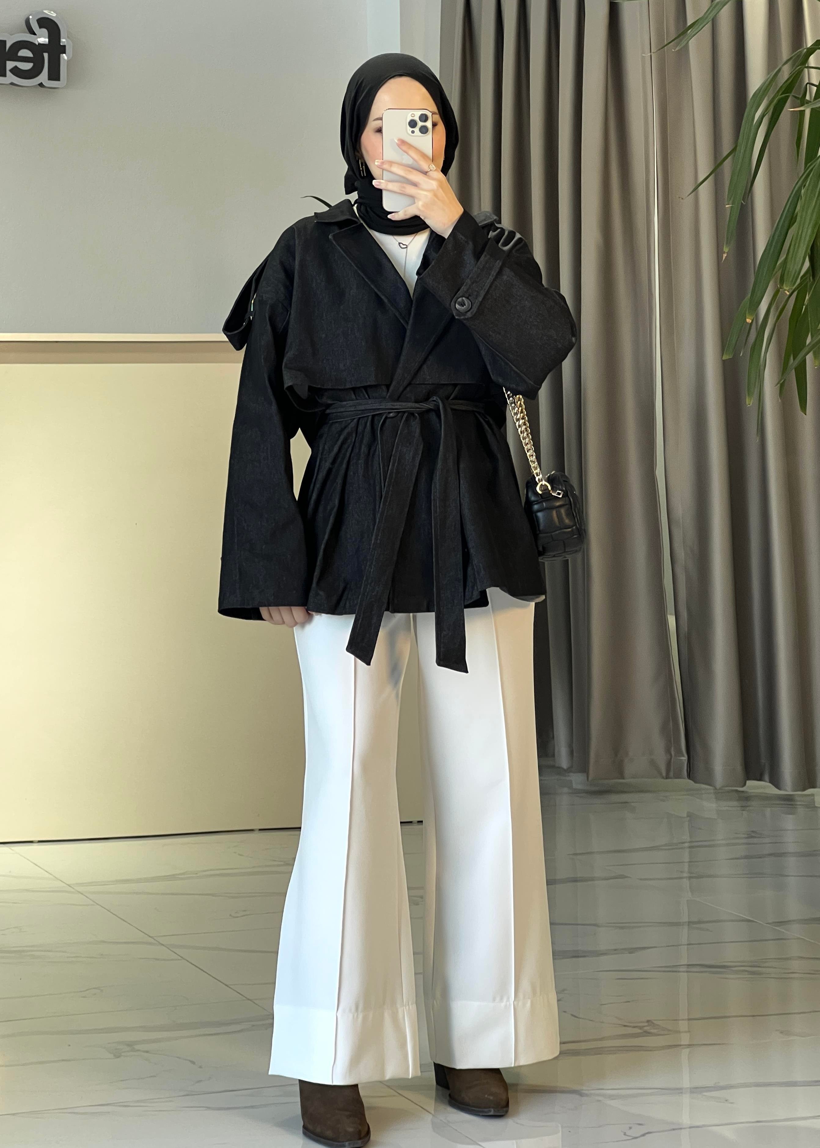Aller Detaylı Denim Trenç- Siyah