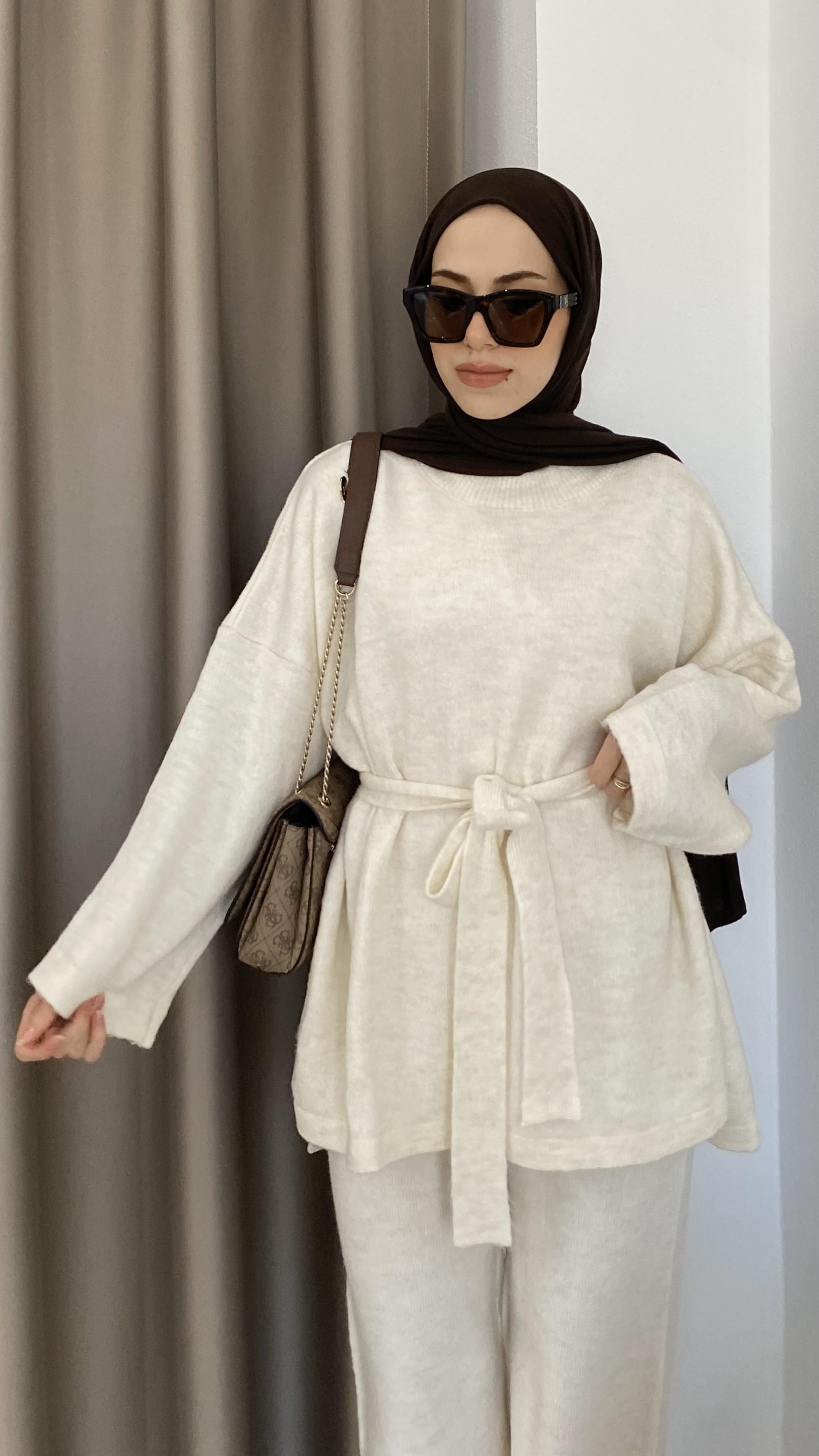 Bağcıklı Triko Takım Ekru