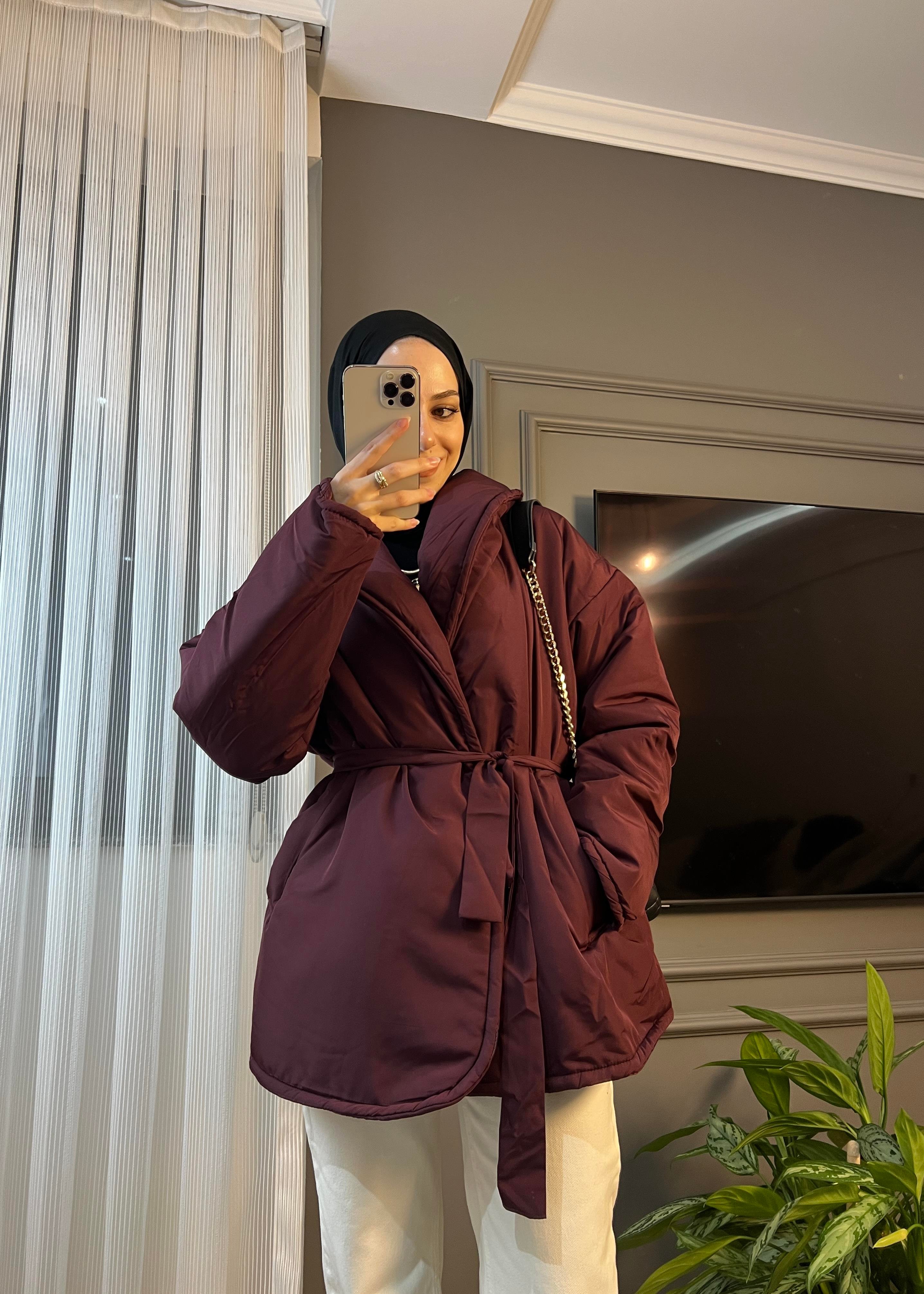 Bordo Düz Kuşaklı Şişme Mont