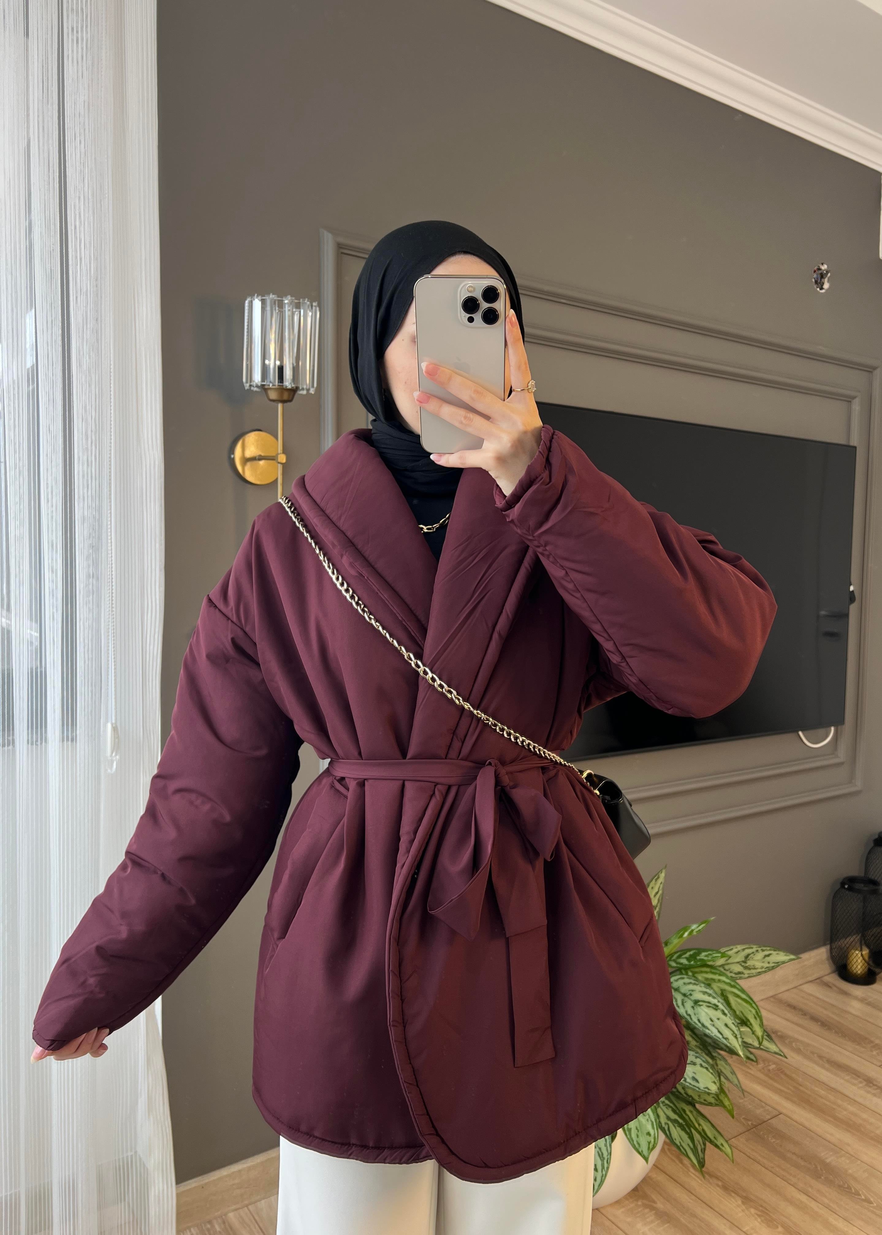 Bordo Düz Kuşaklı Şişme Mont