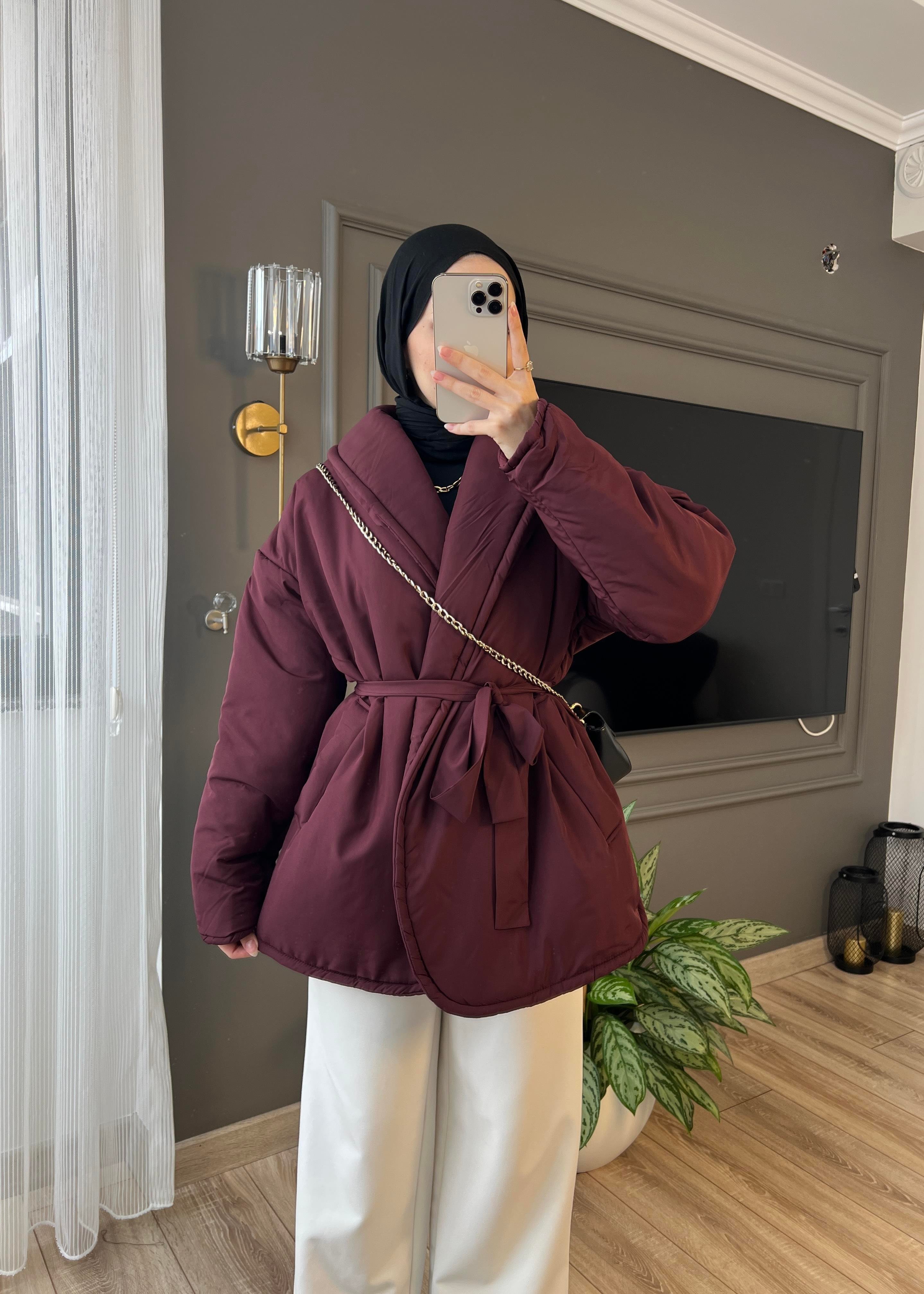 Bordo Düz Kuşaklı Şişme Mont
