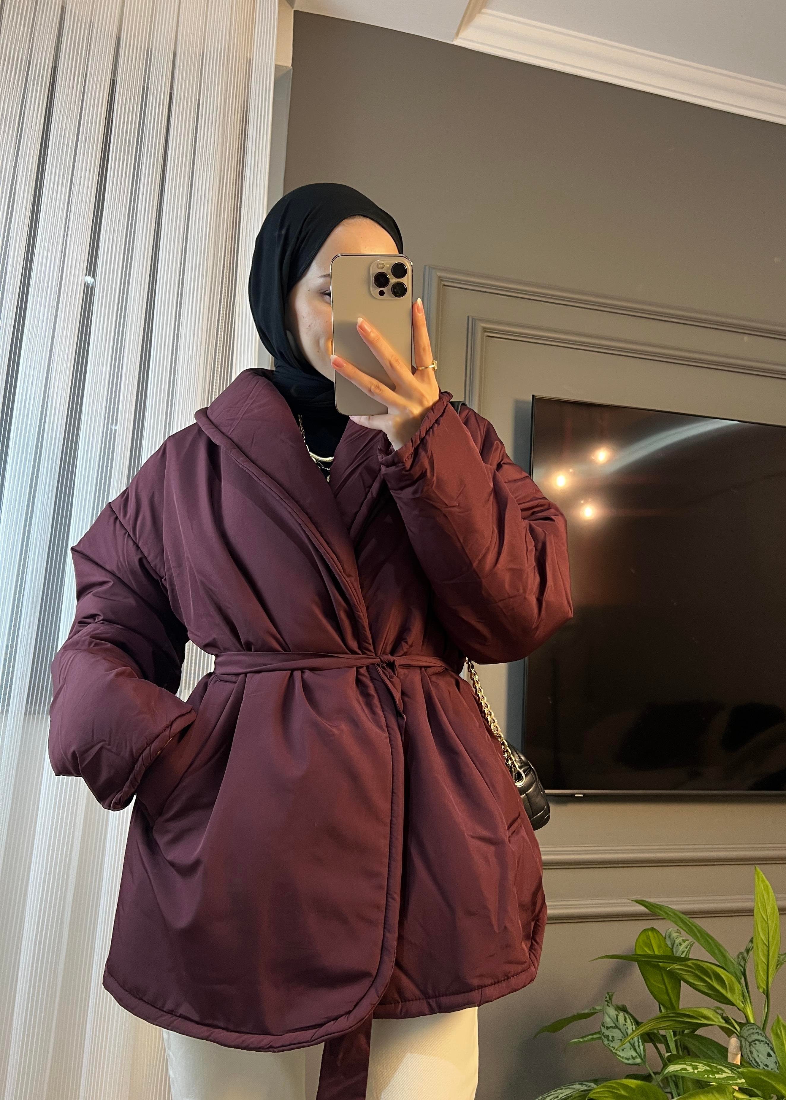 Bordo Düz Kuşaklı Şişme Mont
