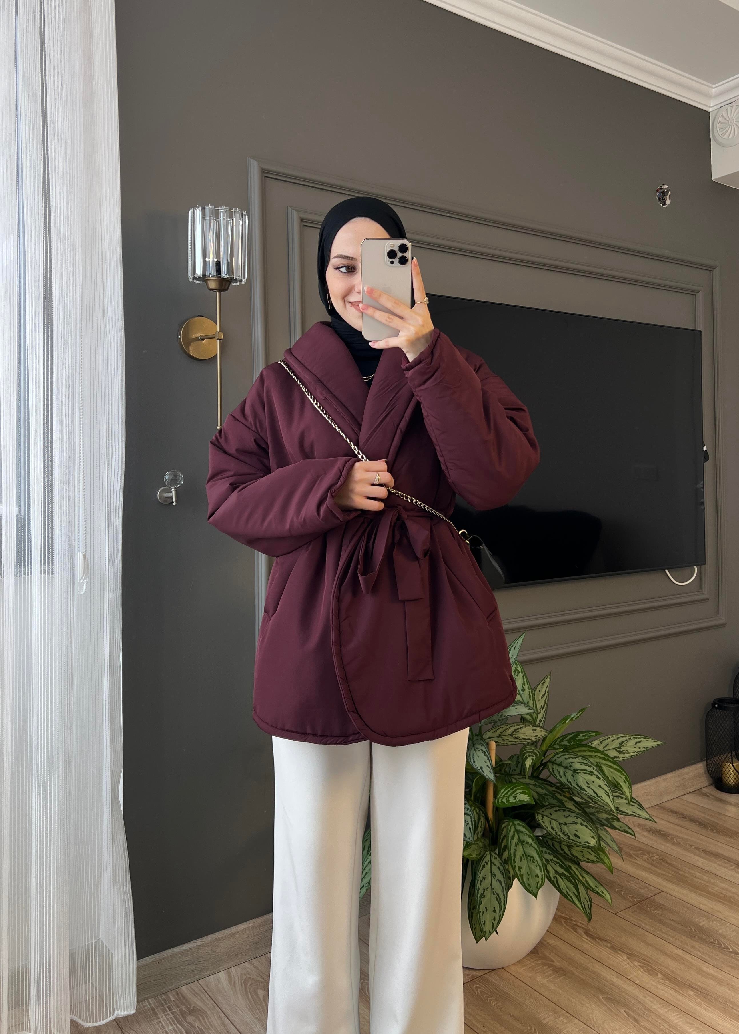 Bordo Düz Kuşaklı Şişme Mont
