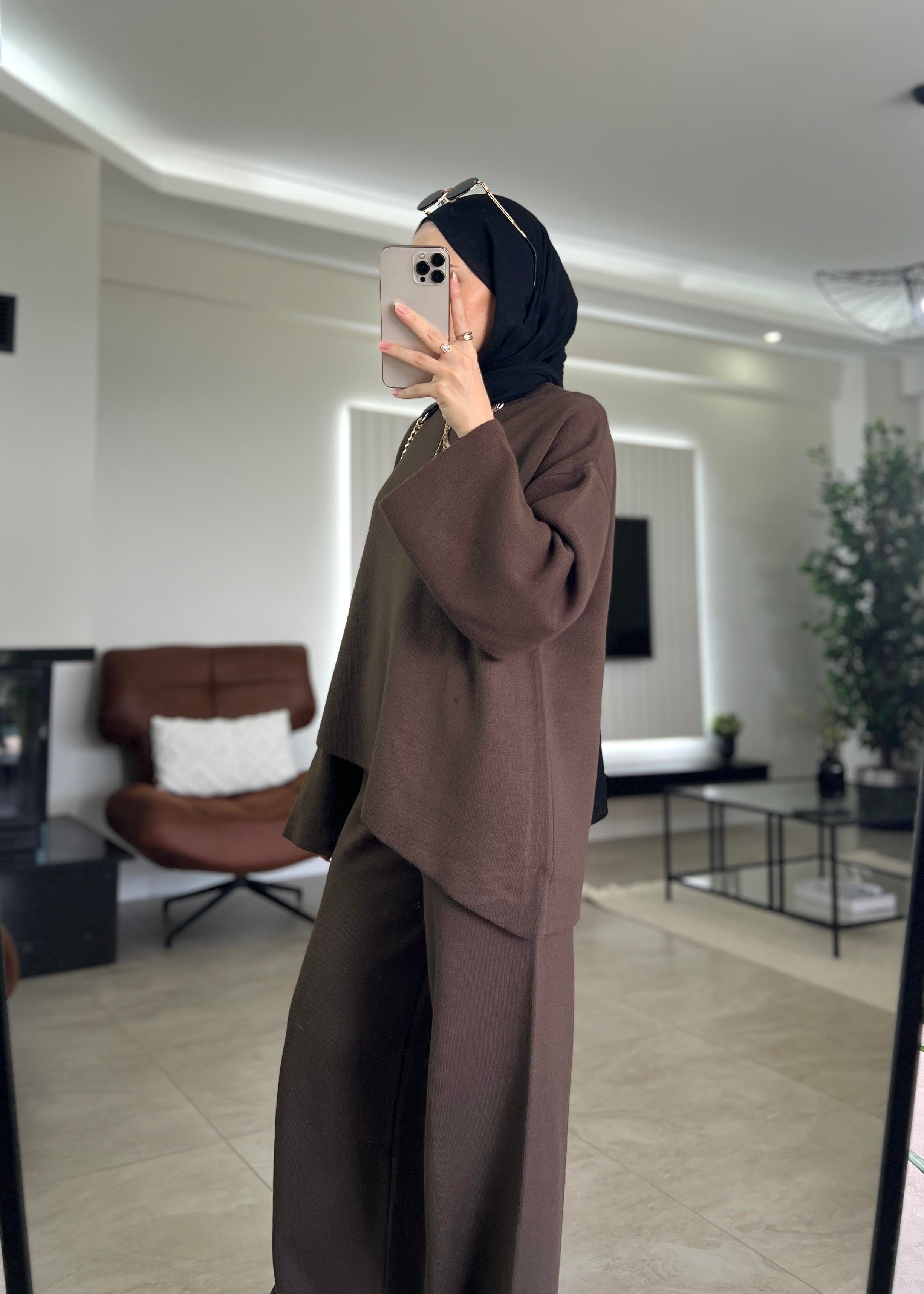 Çapraz Kesim Triko Takım- Kahve