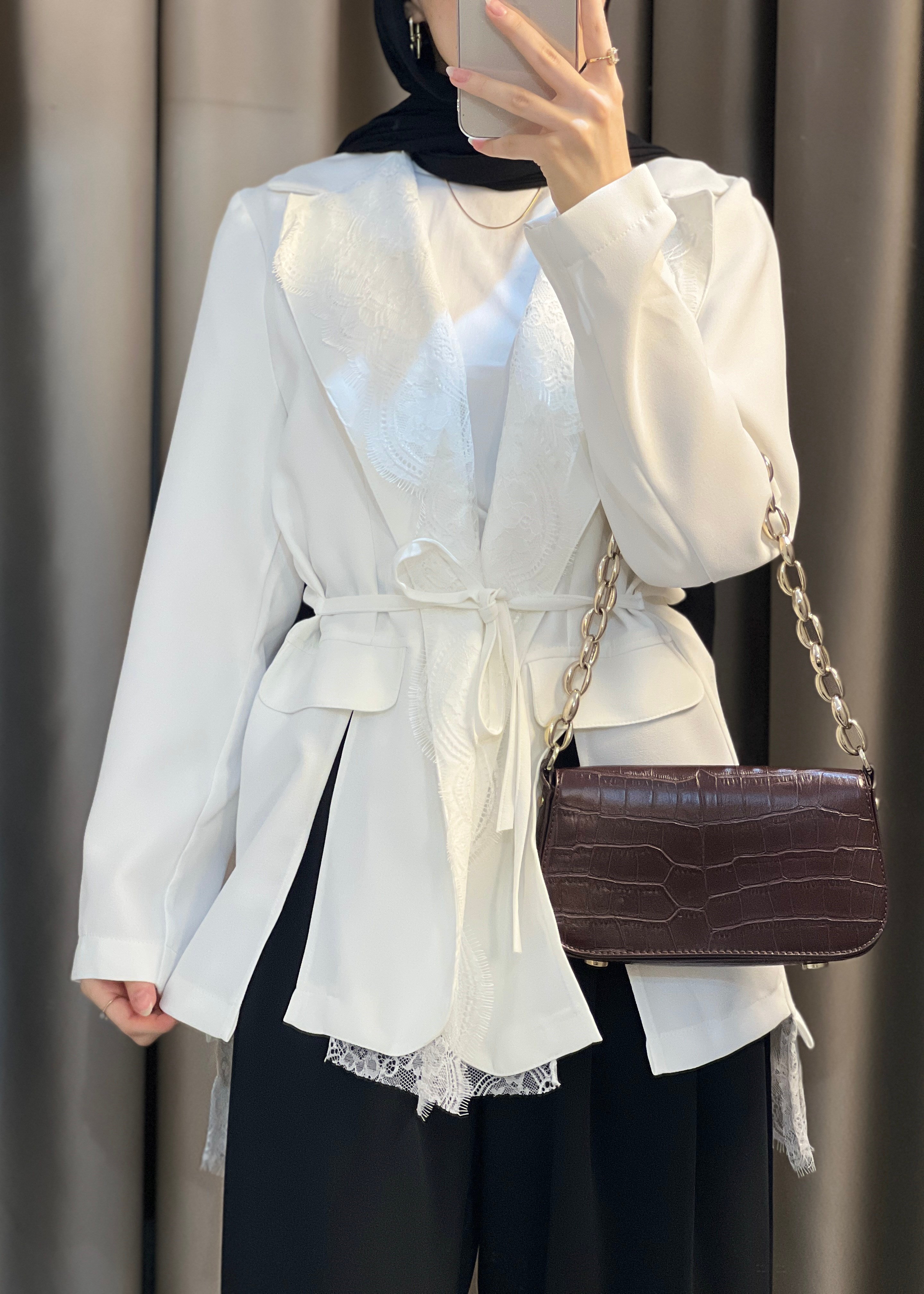 Dantel Blazer Ceket- Beyaz