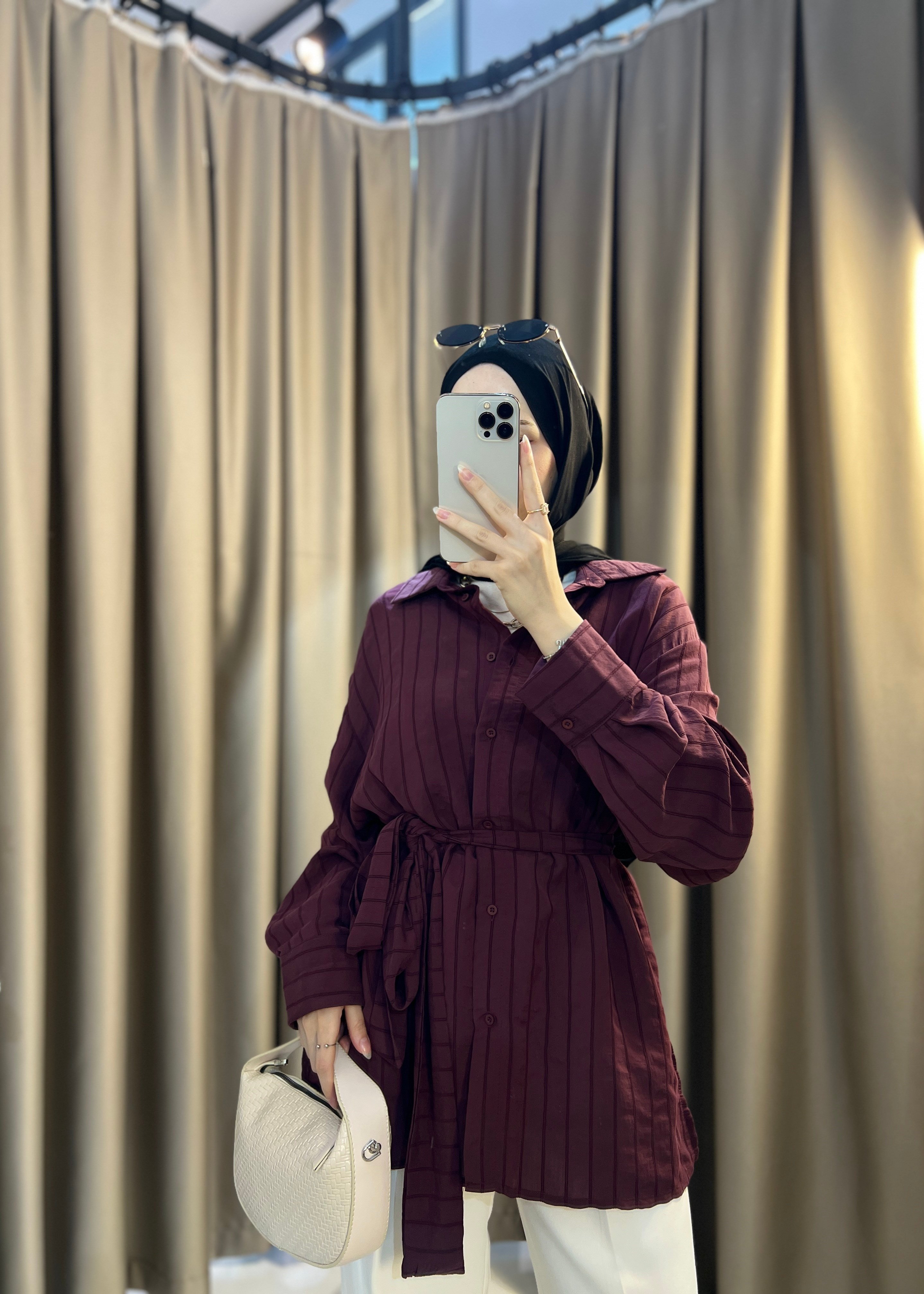 Echo Beli Kuşaklı Gömlek- Bordo